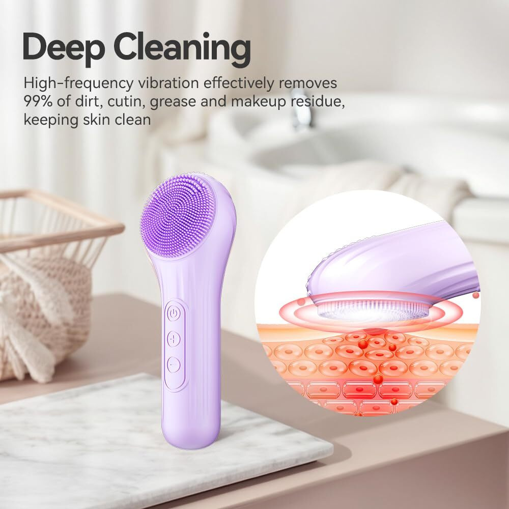 Silicone Face Scrubber, Facial Cleansing Brush With Heating And Vibration, Electric Waterproof Face Wash Brush With 5 Gears Strength For Exfoliating, Deep Cleaning, And Face Massaging (Purple)