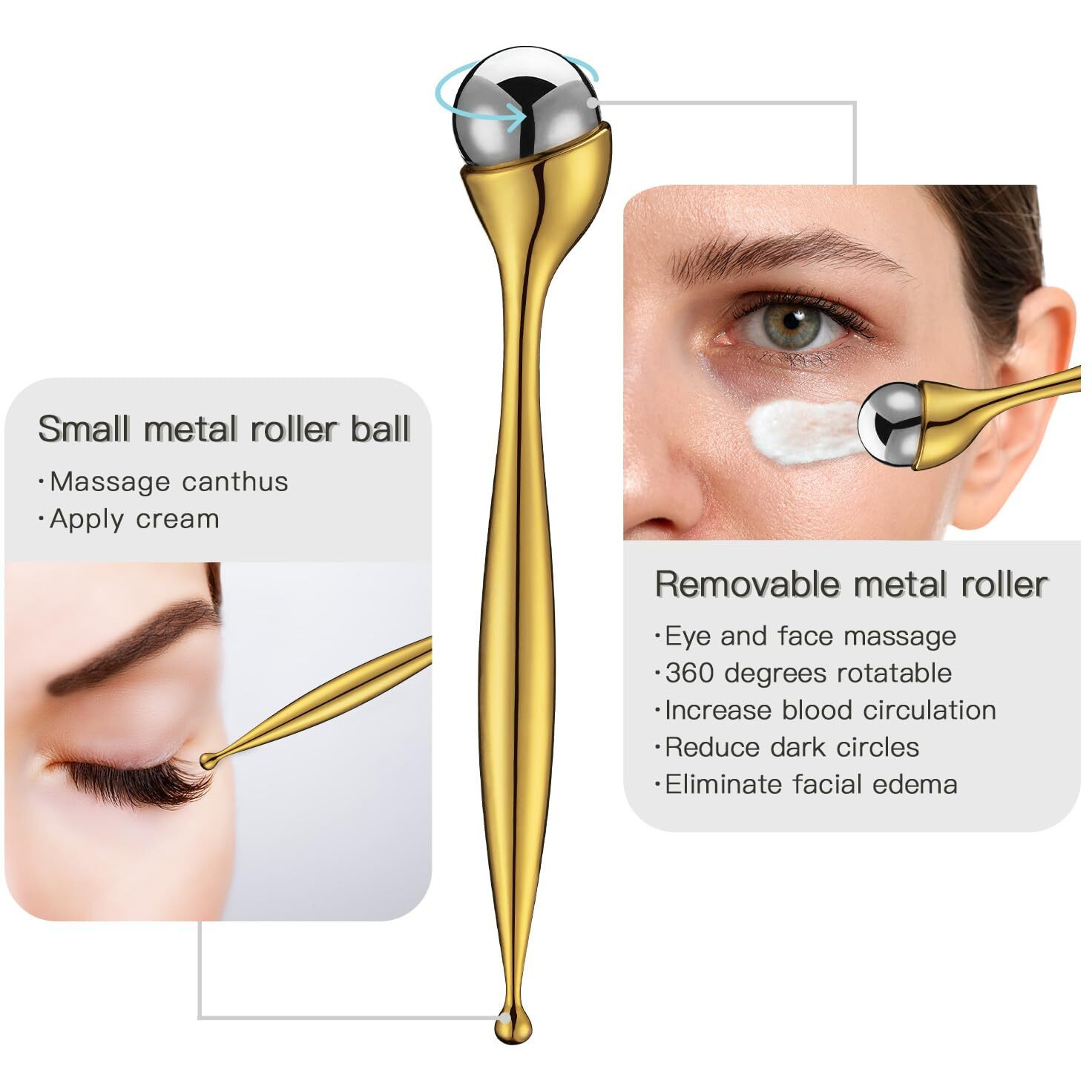 Lisapack Metal Eye Cream Roller Wand, Face Massage, Facial Massager For Applicator, Reduce Puffiness (Gold)