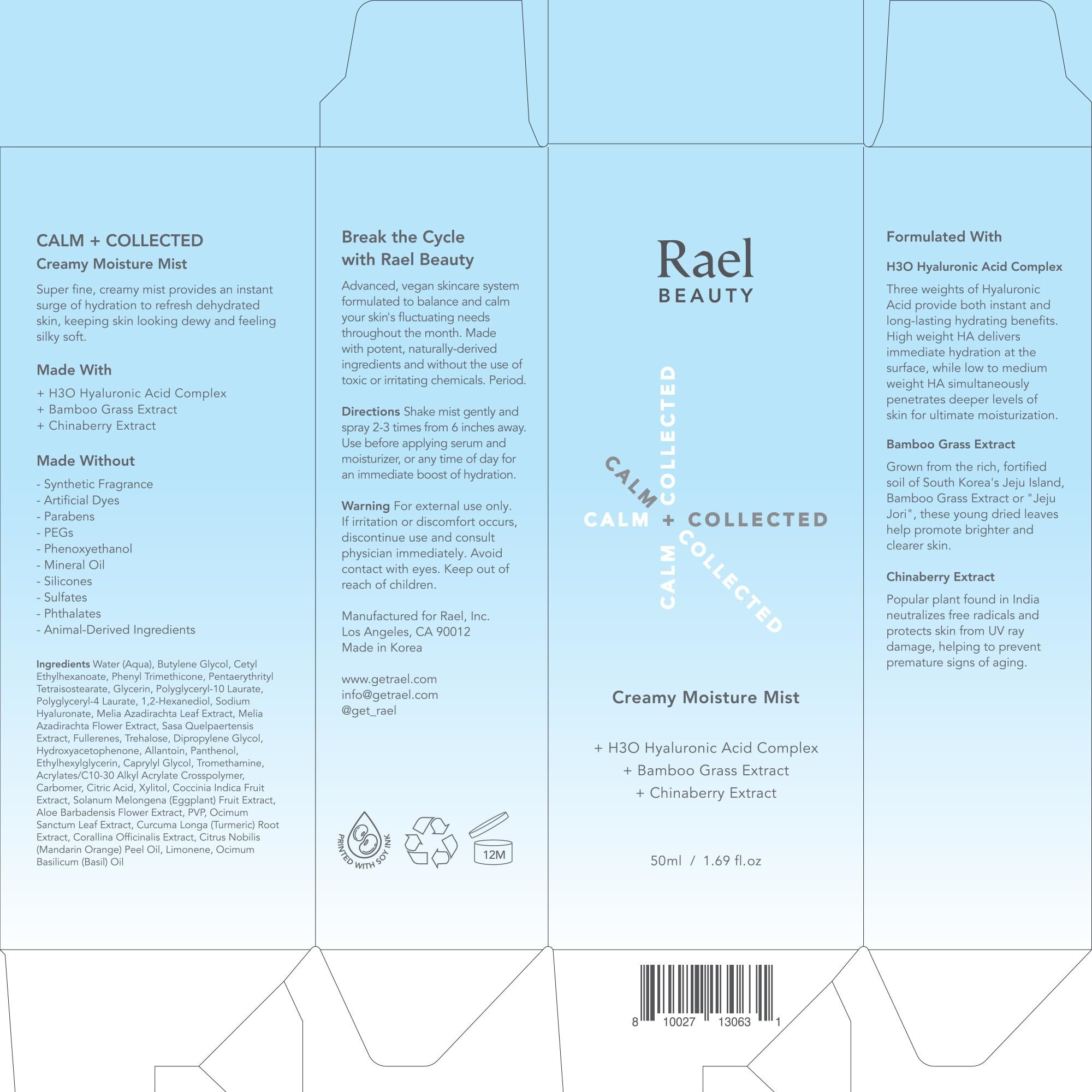 Rael Skin Care, Creamy Moisture Facial Mist Spray - Hydrating Facial Spray, Korean Skincare, All Skin Types, With Hyaluronic Acid And Purifying Bamboo Extract, For On-The-Go, Cruelty Free (1.69Oz)