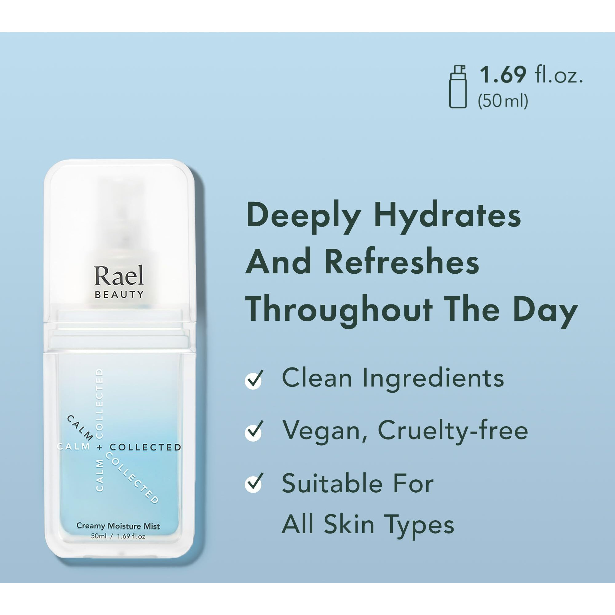 Rael Skin Care, Creamy Moisture Facial Mist Spray - Hydrating Facial Spray, Korean Skincare, All Skin Types, With Hyaluronic Acid And Purifying Bamboo Extract, For On-The-Go, Cruelty Free (1.69Oz)