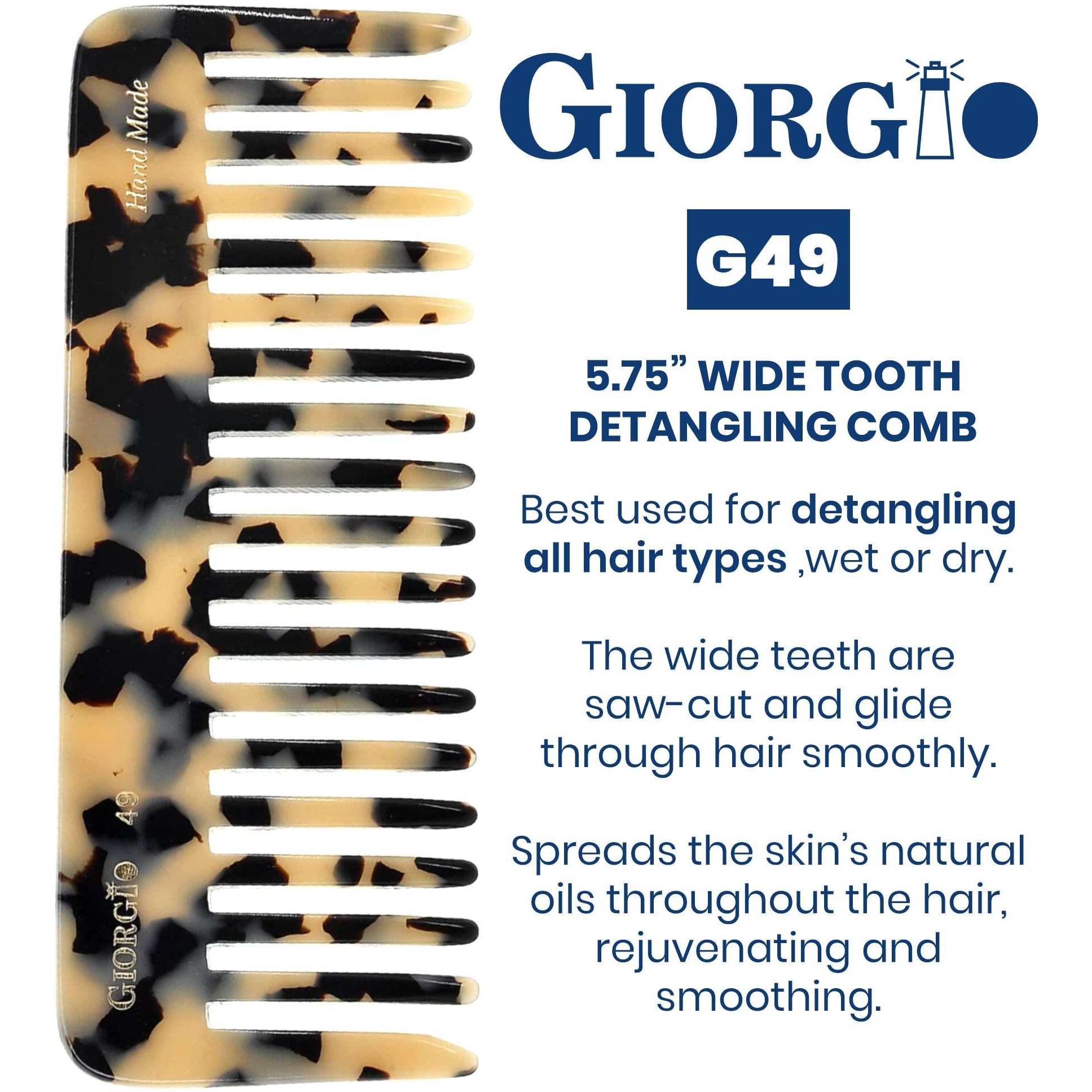 Giorgio G49 White Tokyo Wide Tooth Detangler Comb For Thick Curly Wavy Hair, Wet Or Dry. Handmade Quality Cellulose, Saw-Cut, Hand Polished