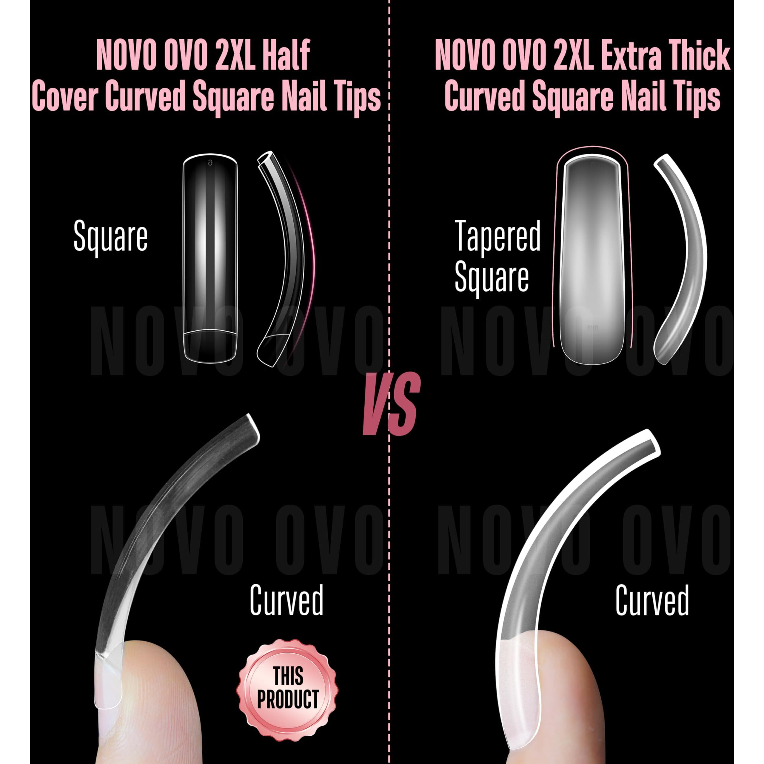 Novo Ovo Half Cover Xxl Curved Nail Tips, Square Shallow Paste Soft Gel X Long L Xl Xxxl Hawk Curve Claw 90S' Y2K Fake Nails Extension Kit, Clear Soft French False Nail For Acrylic 12 Sizes 240Pc