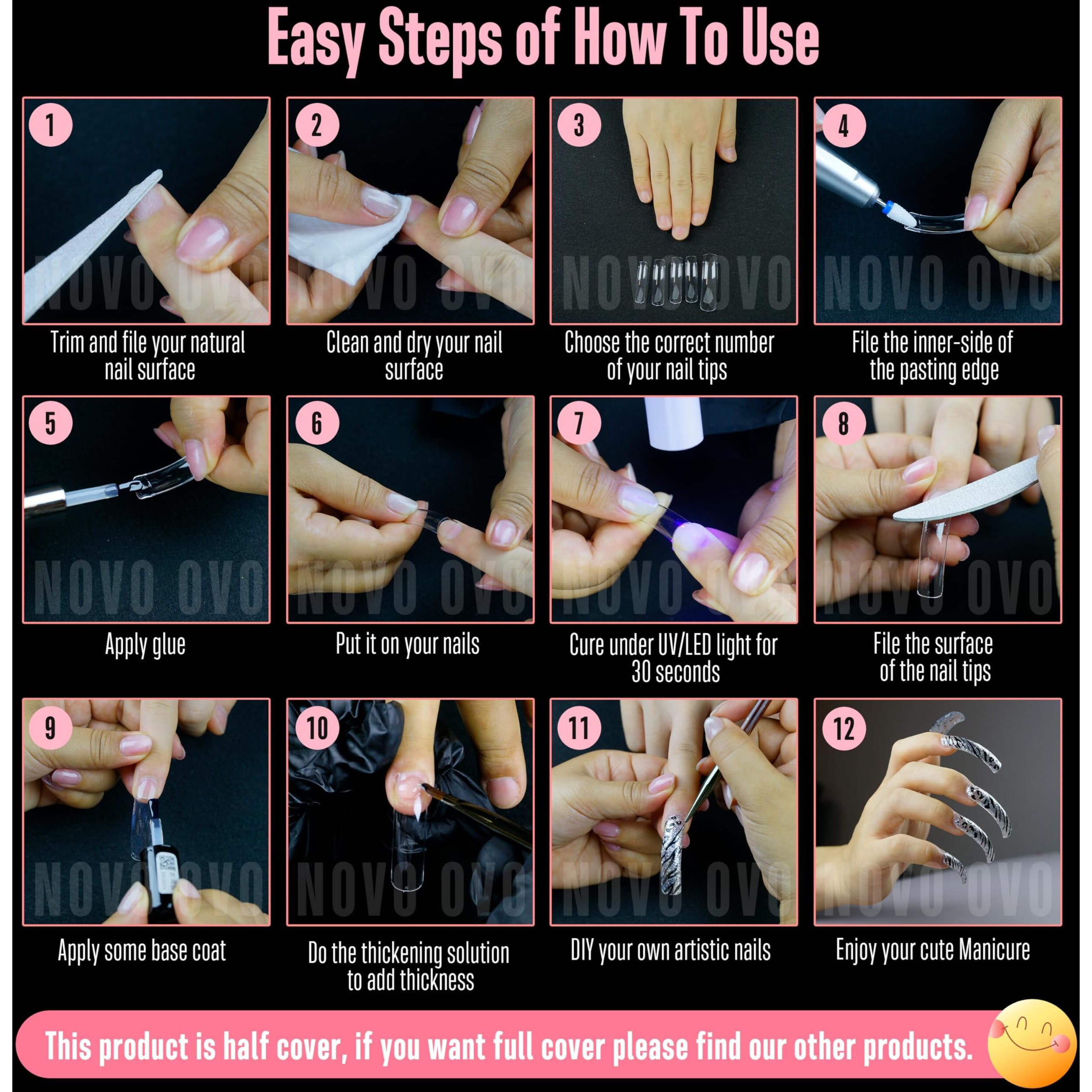 Novo Ovo Half Cover Xxl Curved Nail Tips, Square Shallow Paste Soft Gel X Long L Xl Xxxl Hawk Curve Claw 90S' Y2K Fake Nails Extension Kit, Clear Soft French False Nail For Acrylic 12 Sizes 240Pc