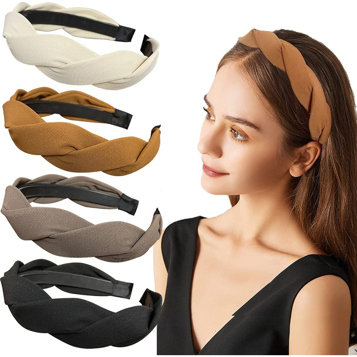 Springtime Set Of 4 Fashion Solid Headbands For Women Girls 1.2Inch Wide Braided Headband Fabric Hairbands With Tooth Non Slip Hairhoop Accesorries