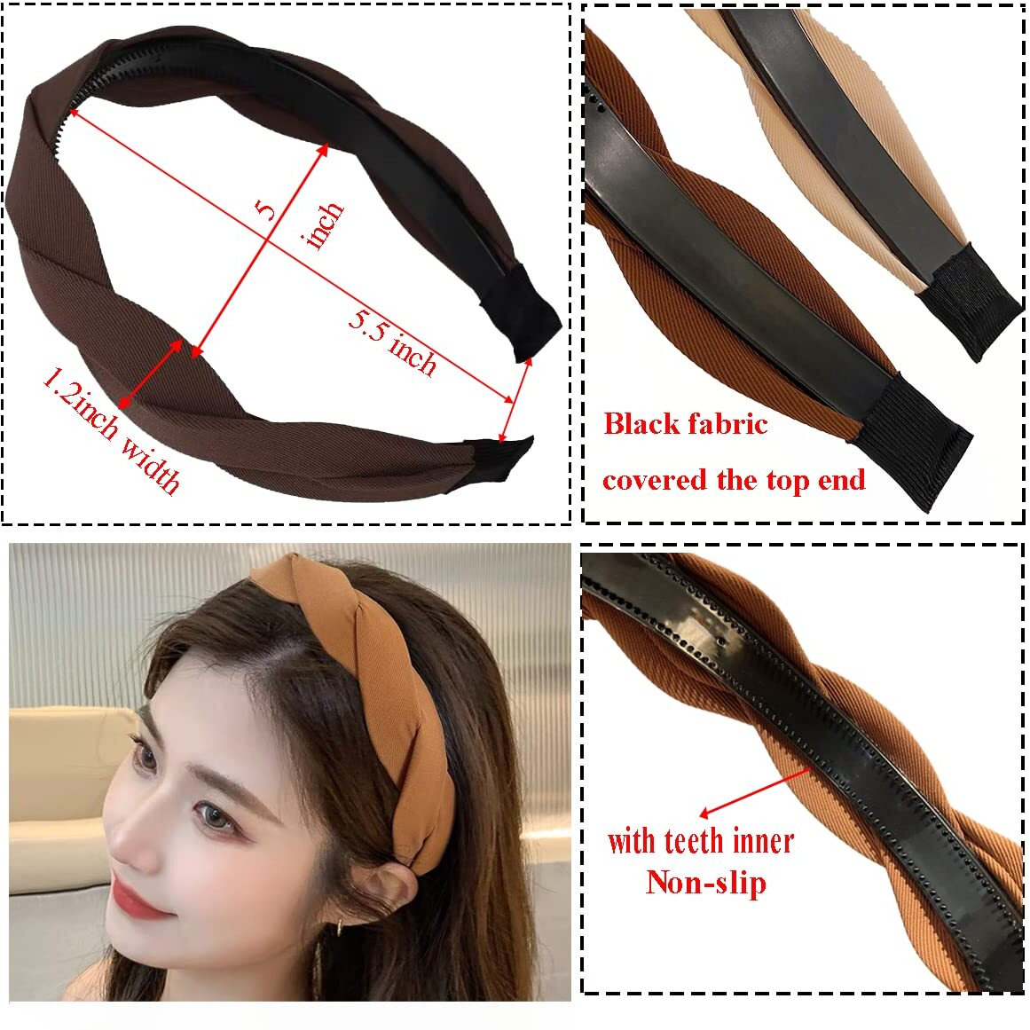 Springtime Set Of 4 Fashion Solid Headbands For Women Girls 1.2Inch Wide Braided Headband Fabric Hairbands With Tooth Non Slip Hairhoop Accesorries
