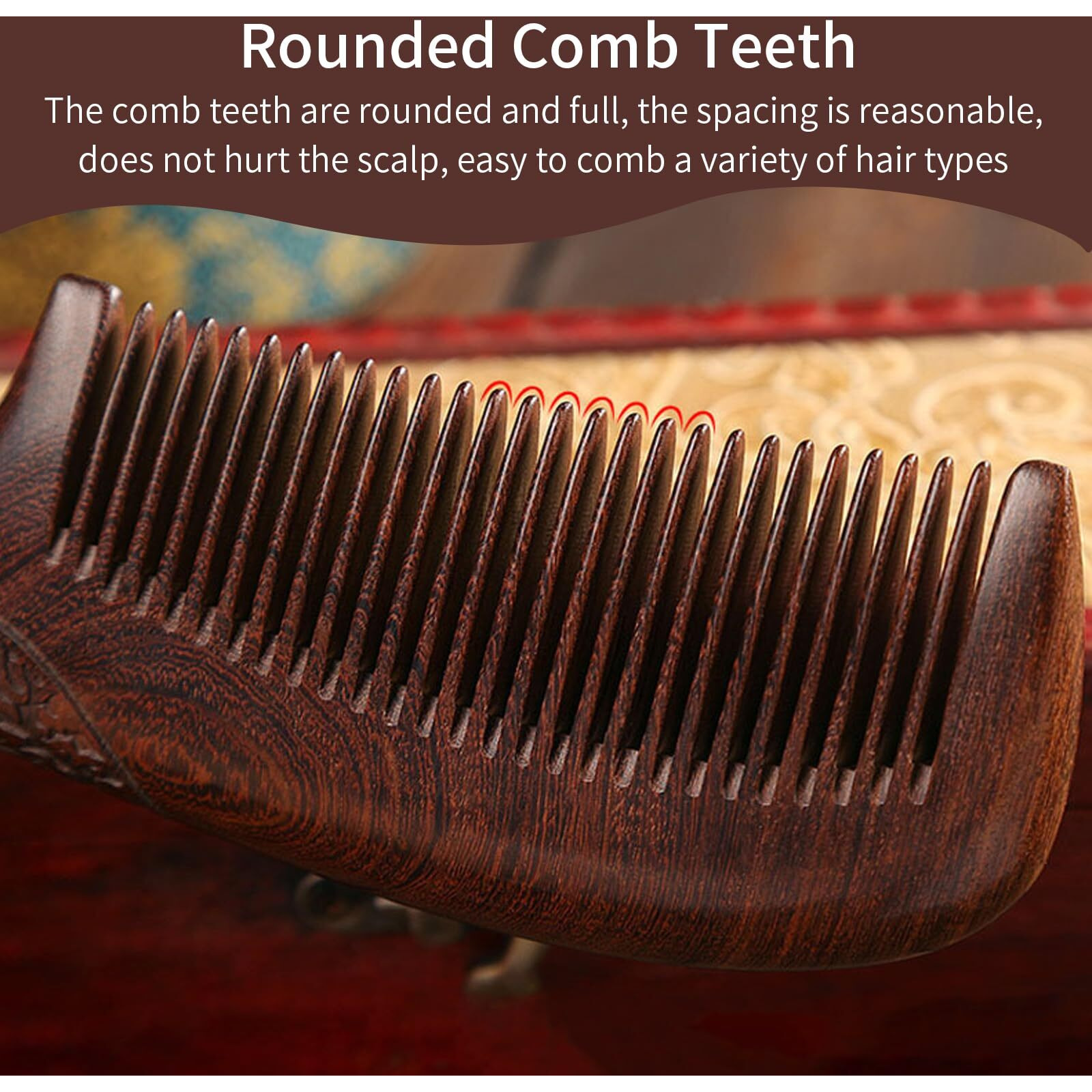 Yakuncl Natural Sandalwood Comb - Anti Static Wooden Comb For Women, Smooth Detangling Fine Tooth Hair Comb, Portable Travel Wood Combs For Curly & Straight Hair