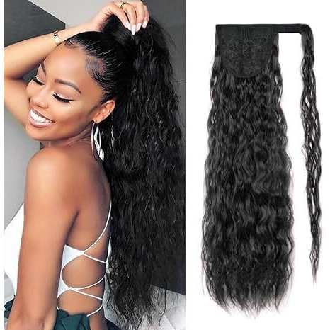 Curly Wave Ponytail Extensions Human Hair Wrap Around Corn Wave Pony Magic Paste Brazilian Human Hair Extensions For Women Natural Black(18 Inch)