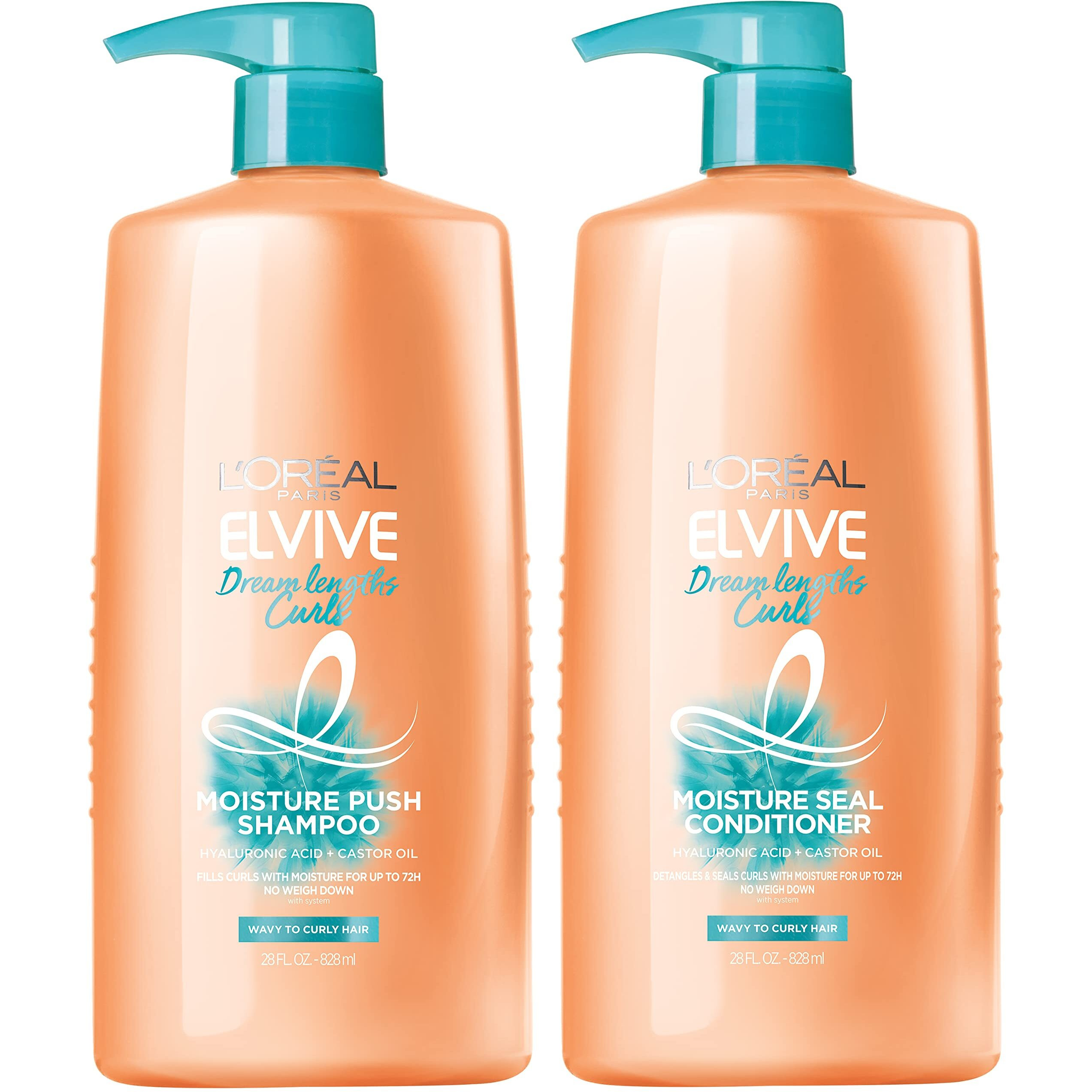 L'Oreal Paris Elvive Dream Lengths Curls Shampoo And Conditioner 2Pk, Paraben-Free With Hyaluronic Acid And Castor Oil. Best For Wavy Hair To Curly Hair, 1 Kit