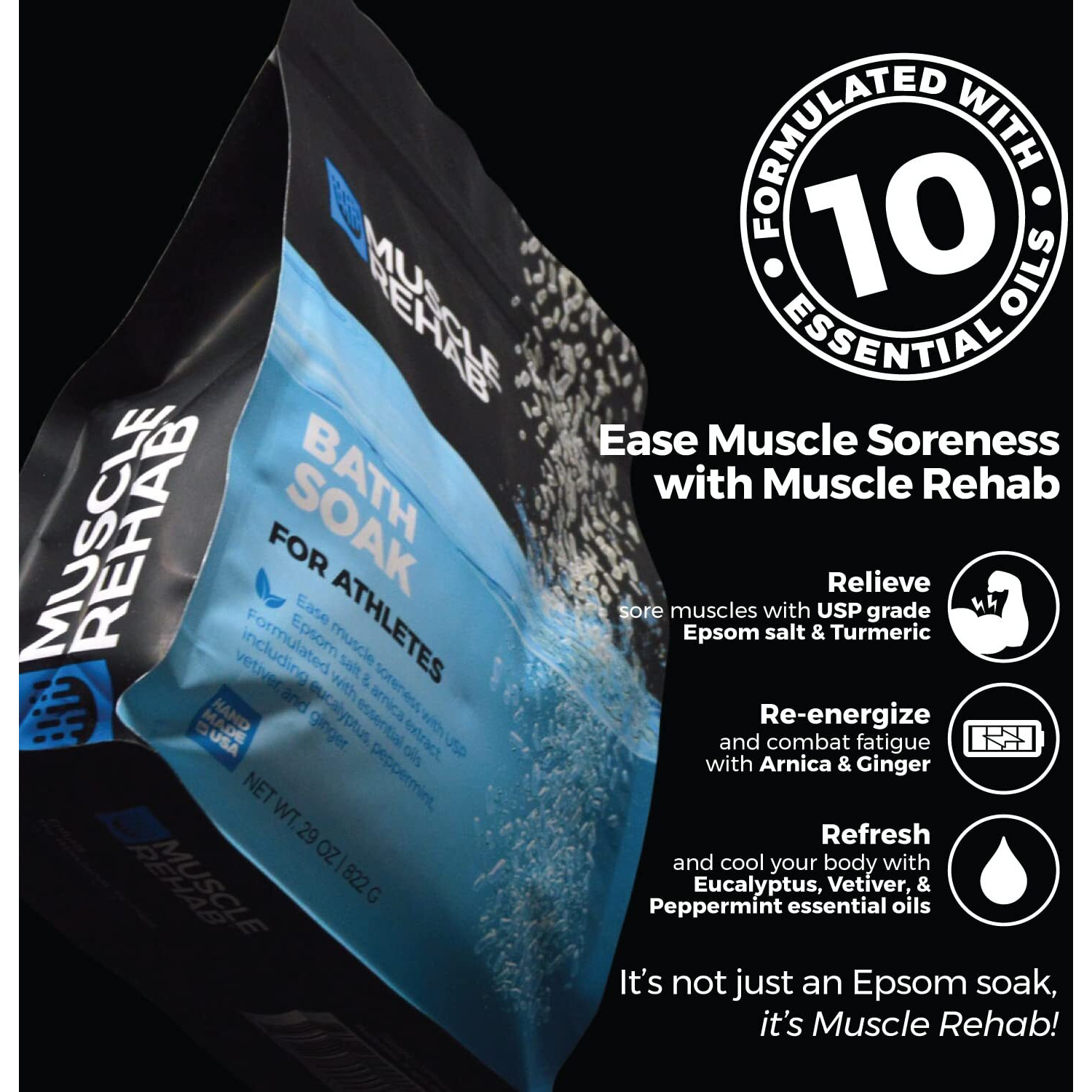 Muscle Rehab Epsom Salts With Arnica For Soaking For Pain-Magnesium Soak For Sports Recovery, Soak For Athletes With Essential Oils, And Turmeric - Hydrating Sore Muscle Bath Soak