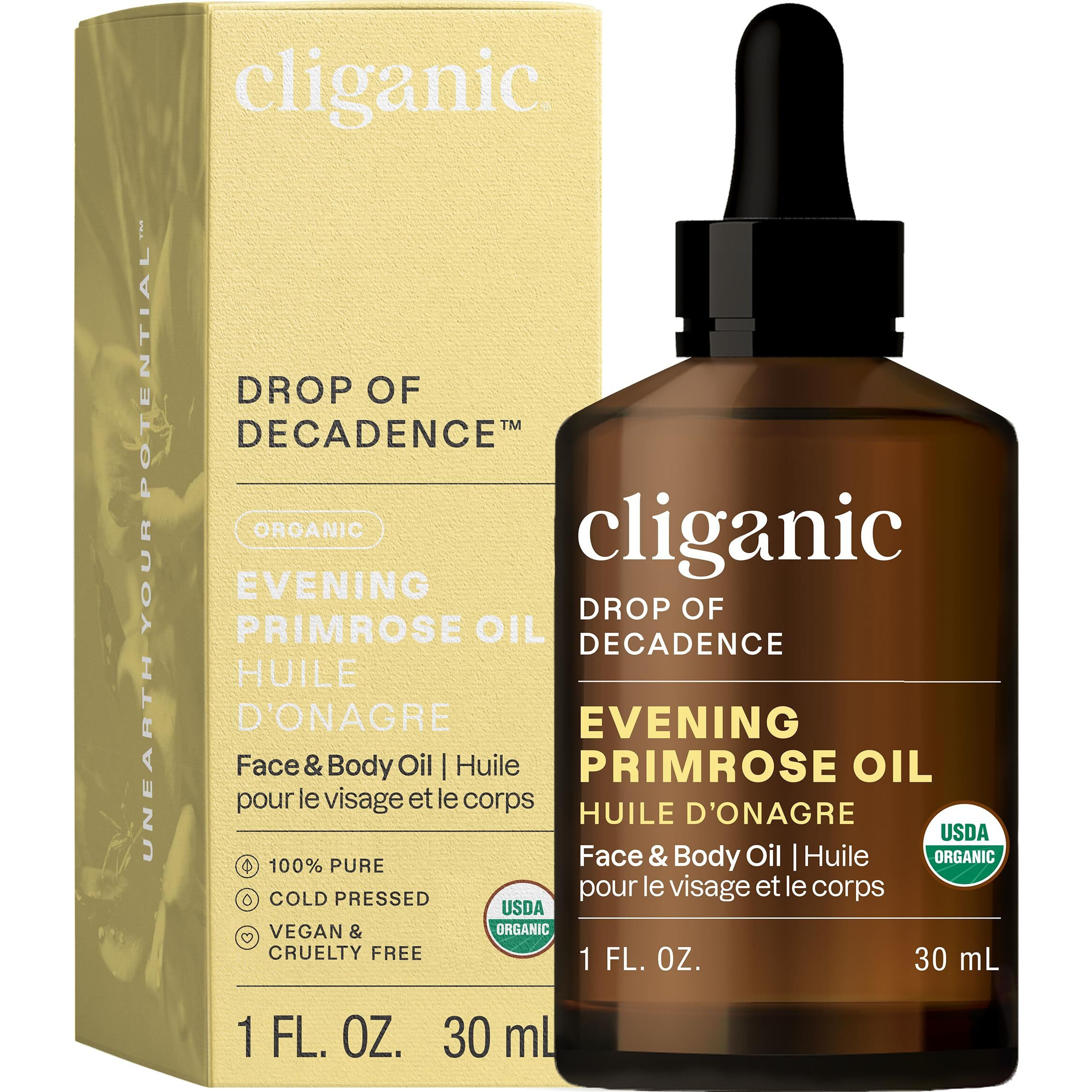 Cliganic Organic Evening Primrose Oil, 100% Pure (1Oz) - For Hair & Face | Natural Cold Pressed Unrefined (Packaging May Vary)