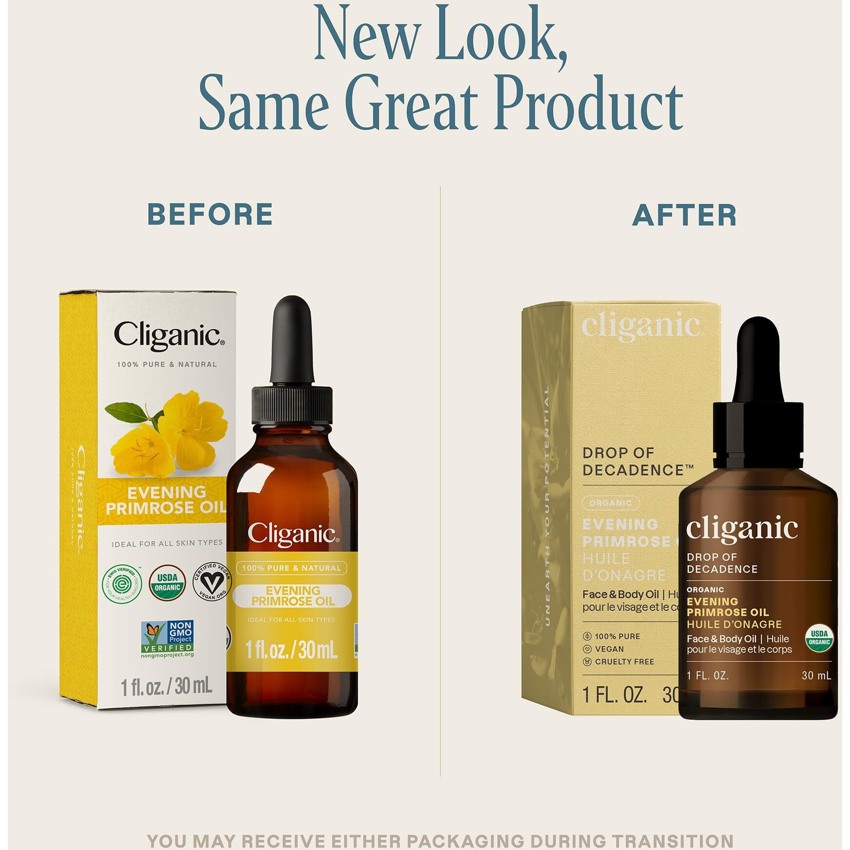 Cliganic Organic Evening Primrose Oil, 100% Pure (1Oz) - For Hair & Face | Natural Cold Pressed Unrefined (Packaging May Vary)