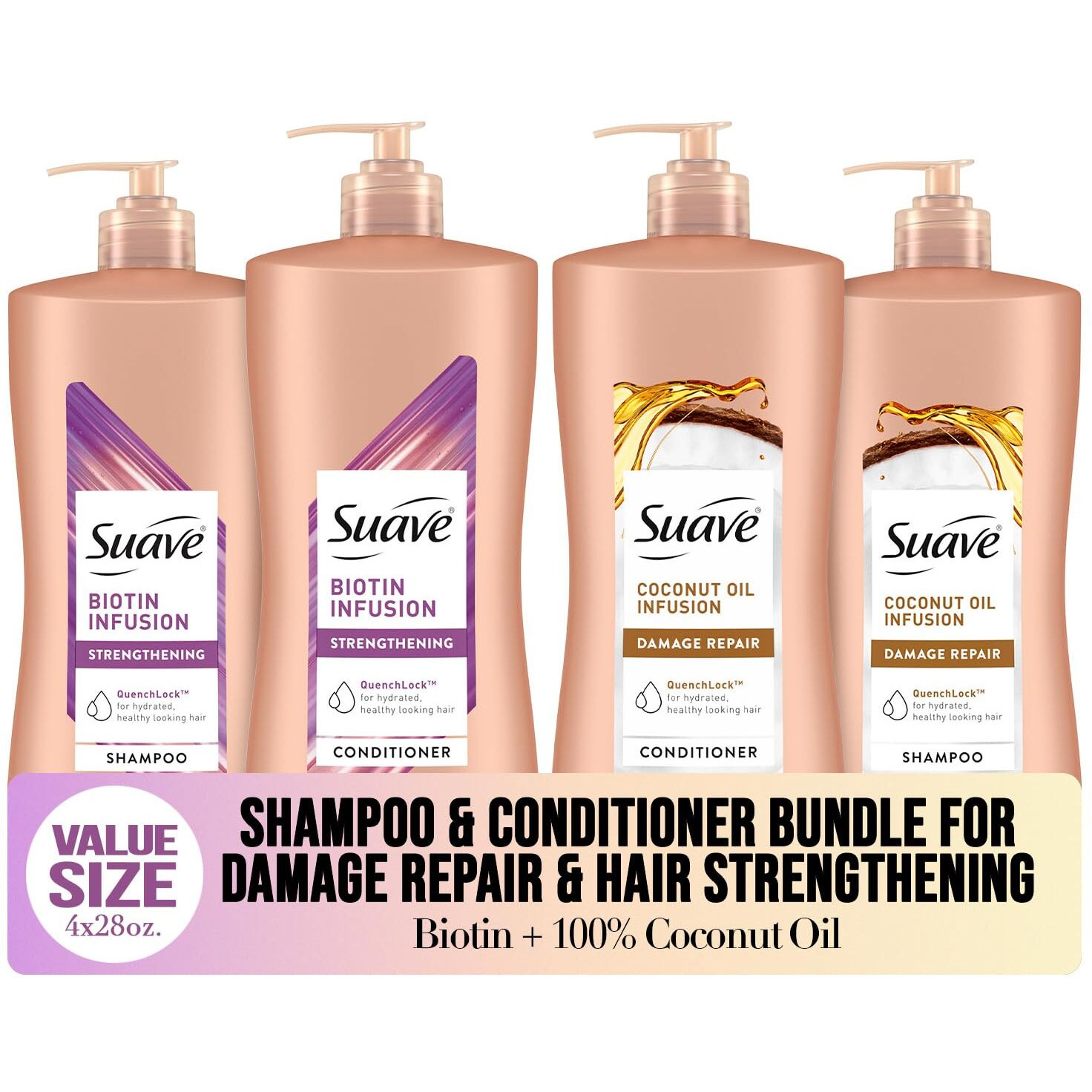 Suave Shampoo And Conditioner Set, Coconut Oil Infusion + Biotin Infusion -  Hair Repair & Strengthening Hair Care Bundle, 28 Oz Ea (4 Piece Set)