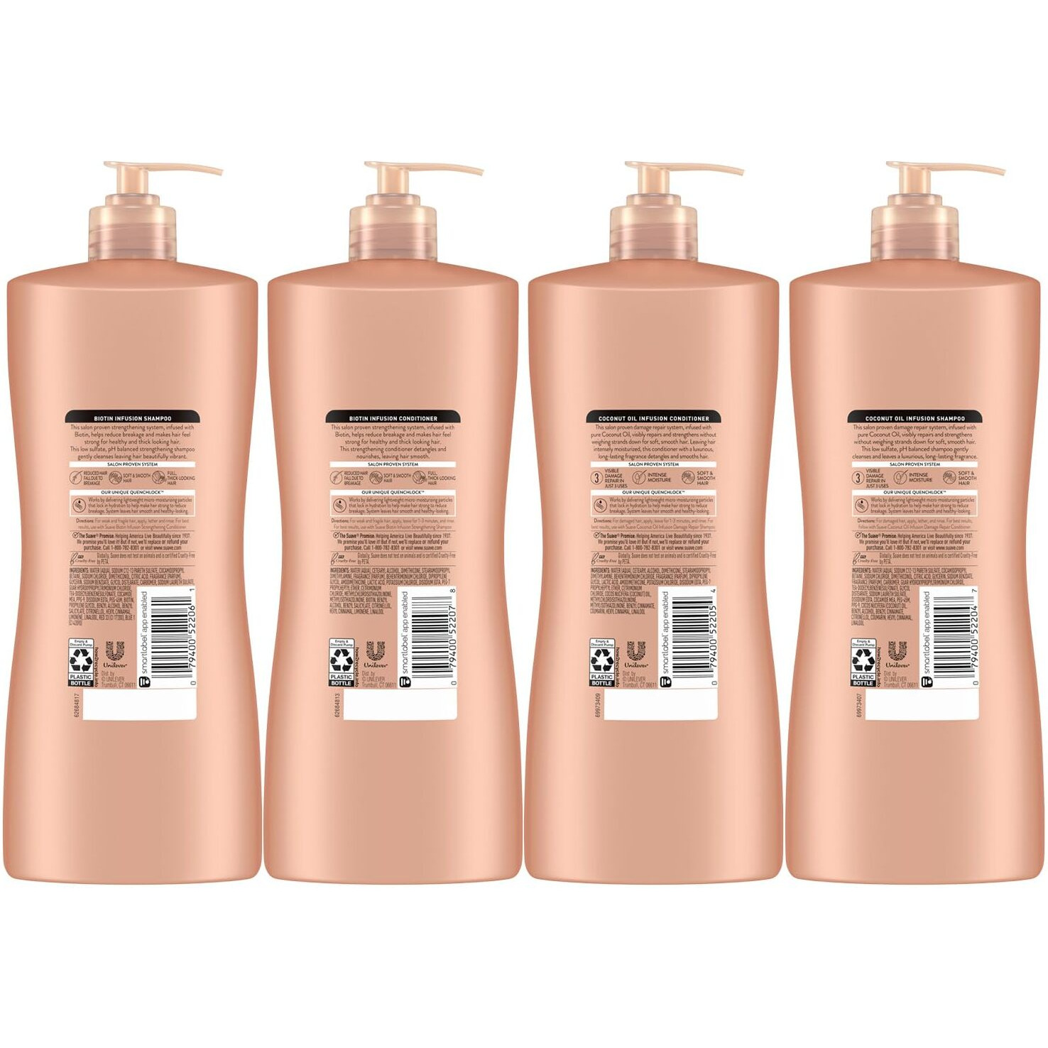 Suave Shampoo And Conditioner Set, Coconut Oil Infusion + Biotin Infusion -  Hair Repair & Strengthening Hair Care Bundle, 28 Oz Ea (4 Piece Set)