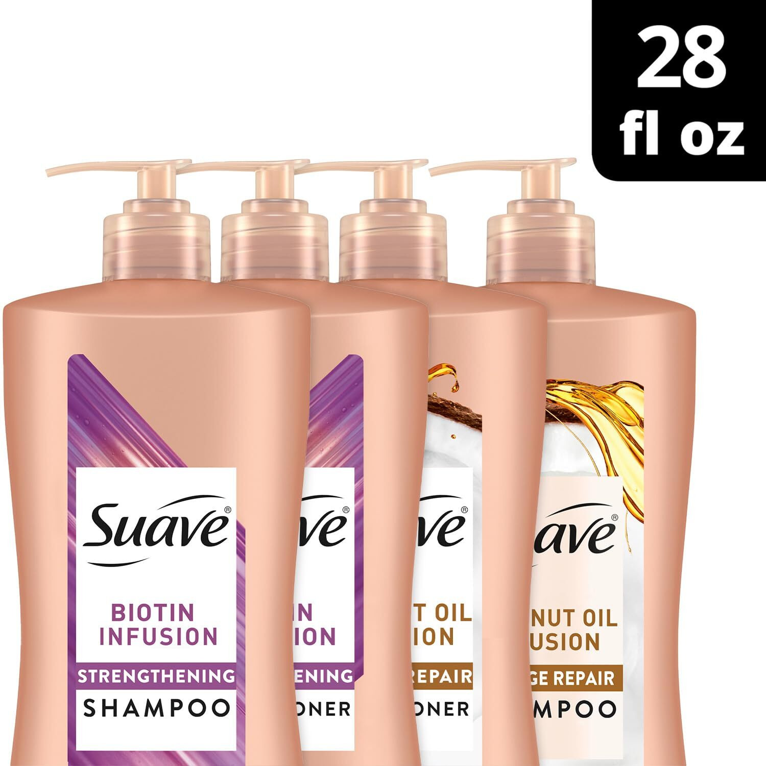 Suave Shampoo And Conditioner Set, Coconut Oil Infusion + Biotin Infusion -  Hair Repair & Strengthening Hair Care Bundle, 28 Oz Ea (4 Piece Set)