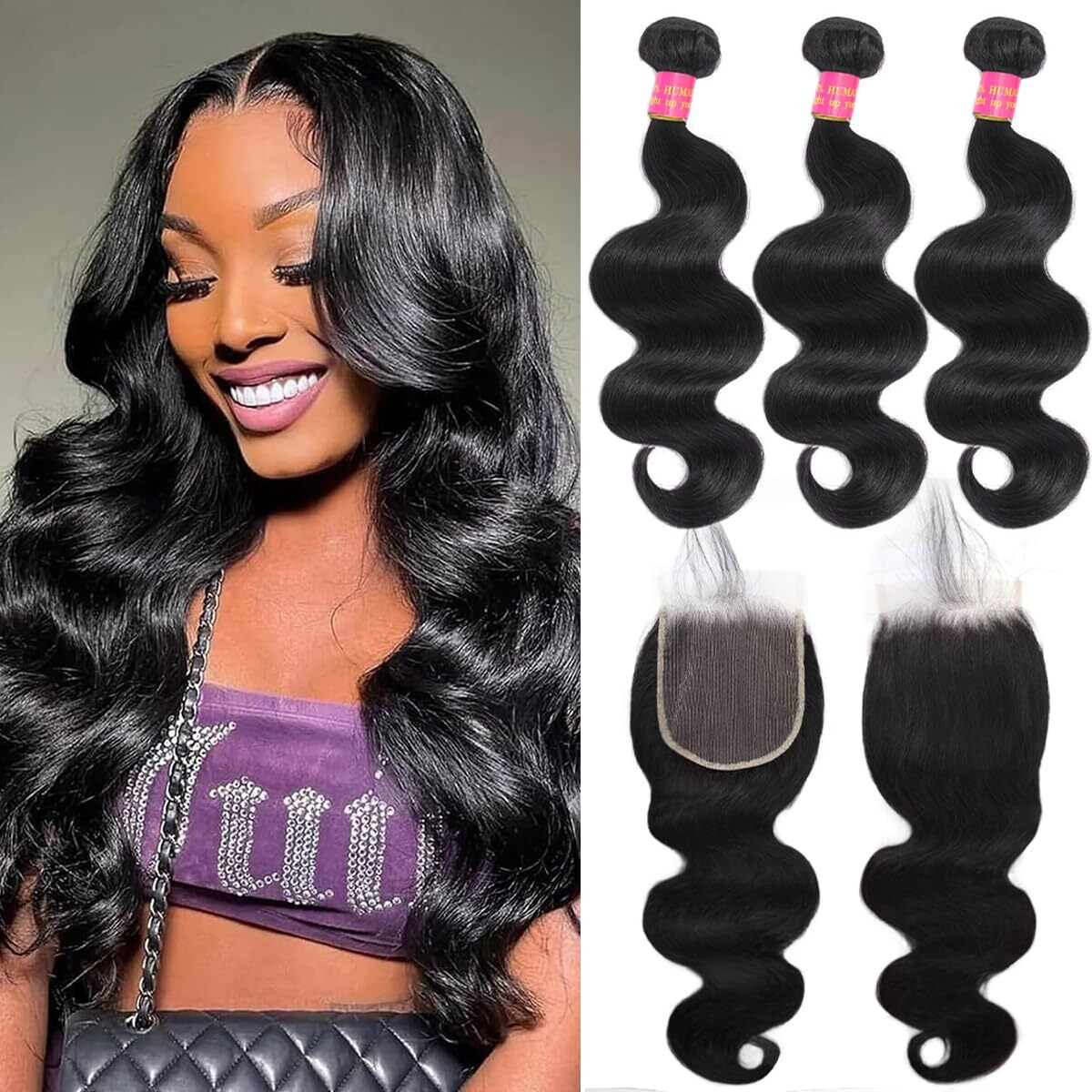 12A Human Hair Bundles With Closure Body Wave 20 22 24+18 Inch 5X5 Hd Frontal Body Wave Bundles Human Hair Real 100% Raw Unprocessed Brazilian Virgin Sew In Quick Weave Natural Black Deals