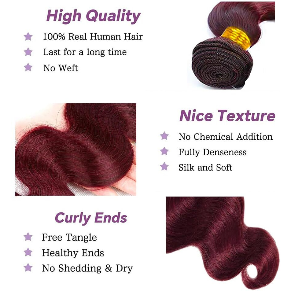 99J Burgundy Human Hair Bundles Body Wave 16 Inch 12A Wine Red Double Weft Brazilian Bundles Human Hair Extensions 1 Pack