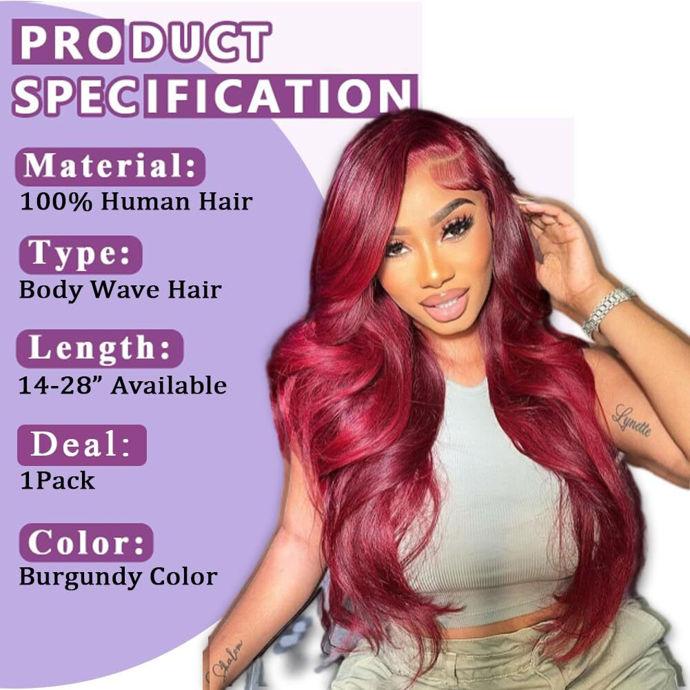 99J Burgundy Human Hair Bundles Body Wave 16 Inch 12A Wine Red Double Weft Brazilian Bundles Human Hair Extensions 1 Pack