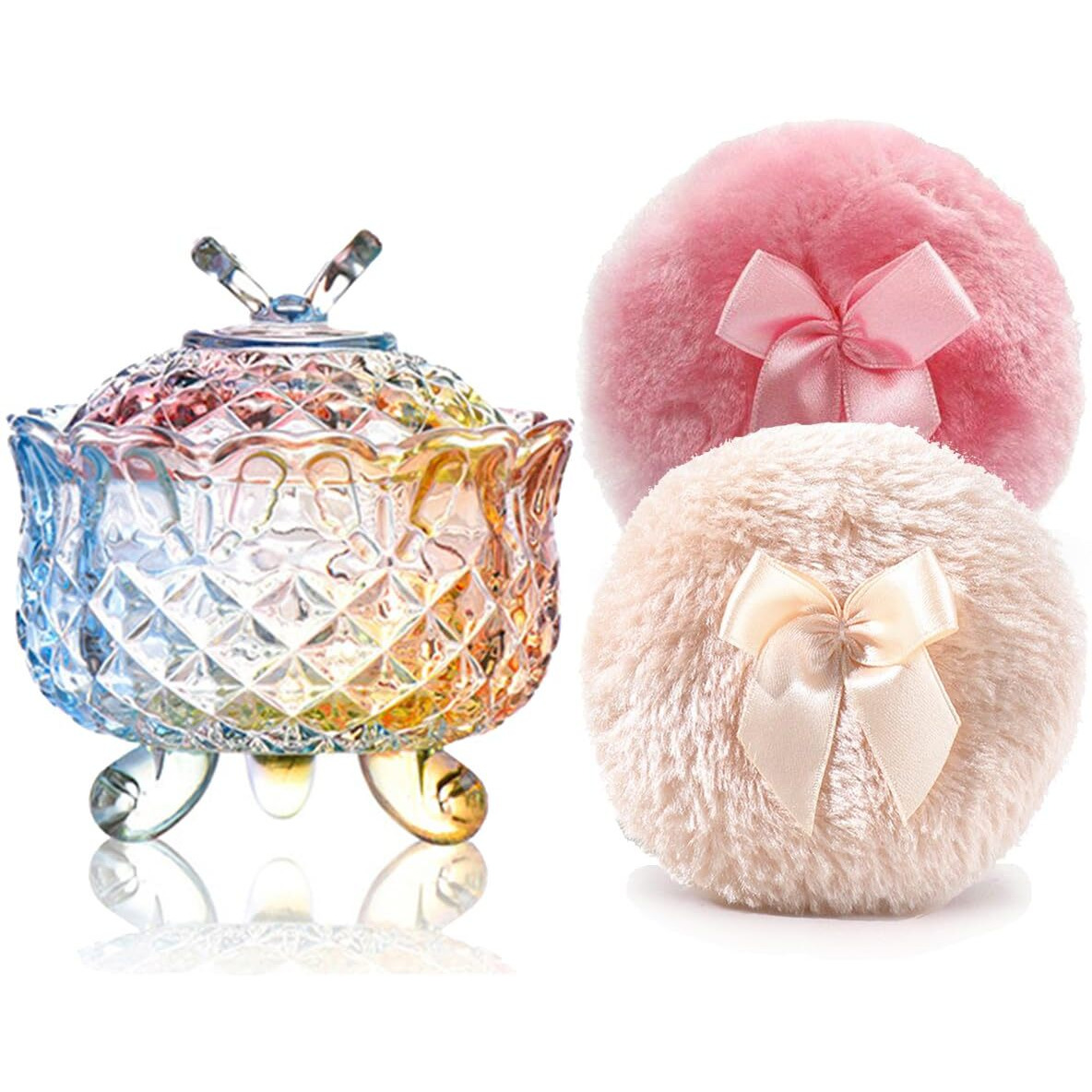 Luxury 4 Inch Glass Loose Powder Container With 2 Soft 3.5"" Puffs|Non-Sealed Refillable Organizer Storage For Body Powder Makeup & Jewelry & Setting Applicator(Butterfly-Colorful)