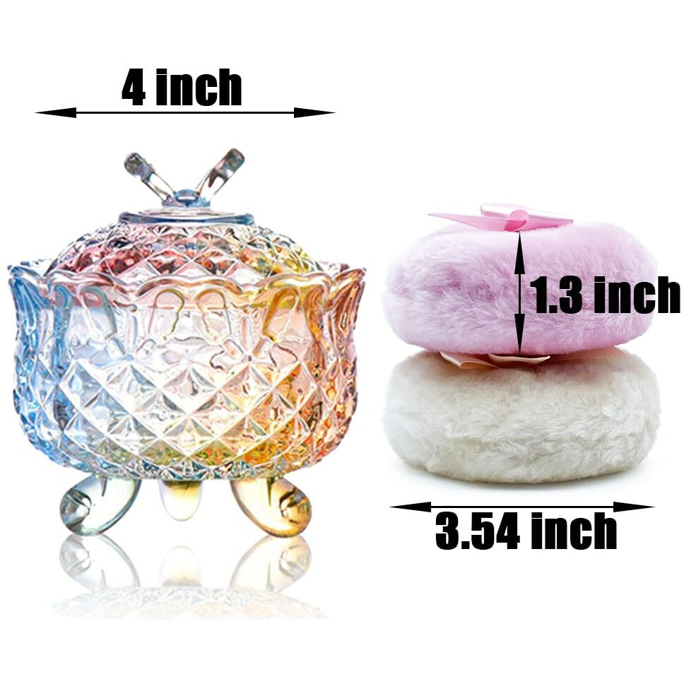 Luxury 4 Inch Glass Loose Powder Container With 2 Soft 3.5"" Puffs|Non-Sealed Refillable Organizer Storage For Body Powder Makeup & Jewelry & Setting Applicator(Butterfly-Colorful)