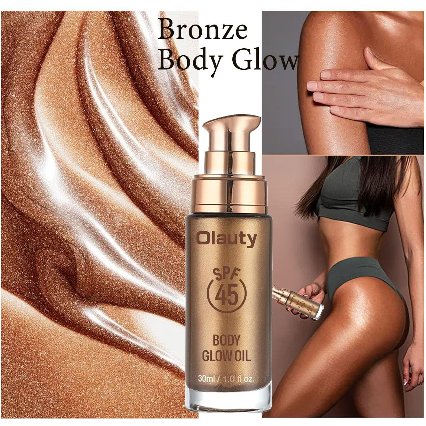 Shimmer Oil, Spf 45 Sunscreen Body Makeup Waterproof No Transfer Body Luminizer Lotion Glow For Women, Liquid Illuminator Bronzer, Long-Lasting, Radiance Skin (03 Glistening Bronze)