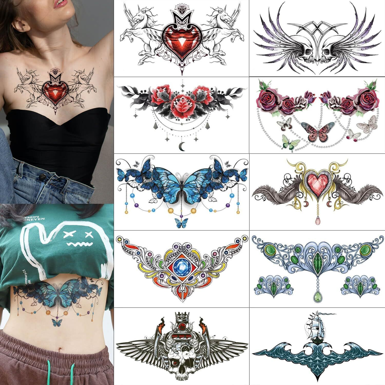Glaryyears Chest Underboob Temporary Tattoo For Women, 10-Pack Large Floral Fake Realistic Tattoos, Long-Lasting Creative Removable Tattoo Stickers, Butterfly Skull Tramp Stamp Sketch On Body