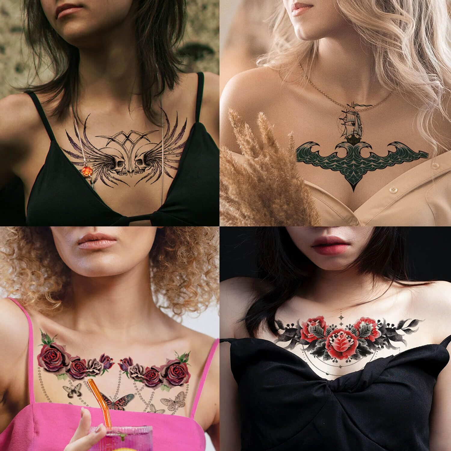 Glaryyears Chest Underboob Temporary Tattoo For Women, 10-Pack Large Floral Fake Realistic Tattoos, Long-Lasting Creative Removable Tattoo Stickers, Butterfly Skull Tramp Stamp Sketch On Body