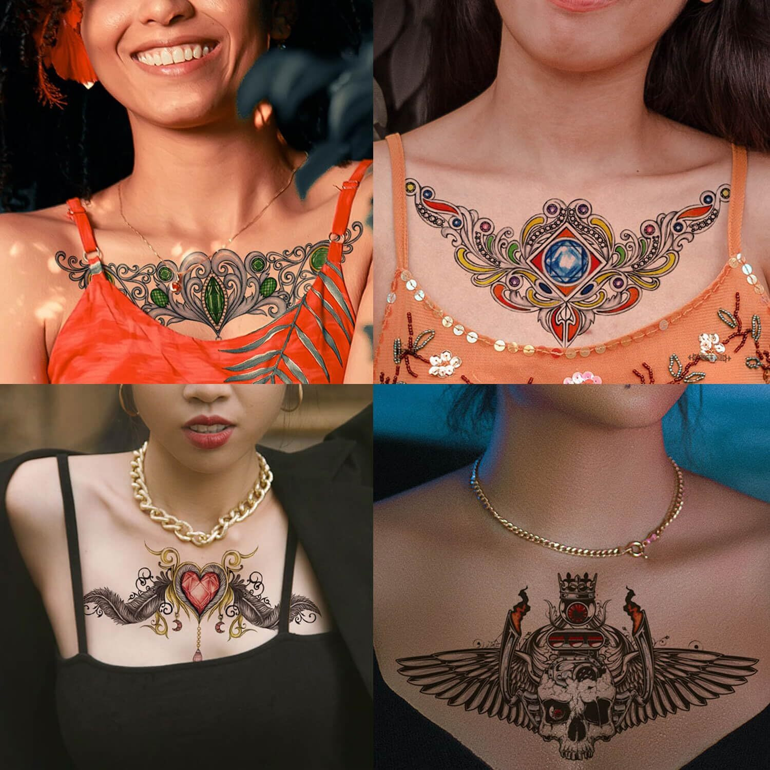 Glaryyears Chest Underboob Temporary Tattoo For Women, 10-Pack Large Floral Fake Realistic Tattoos, Long-Lasting Creative Removable Tattoo Stickers, Butterfly Skull Tramp Stamp Sketch On Body