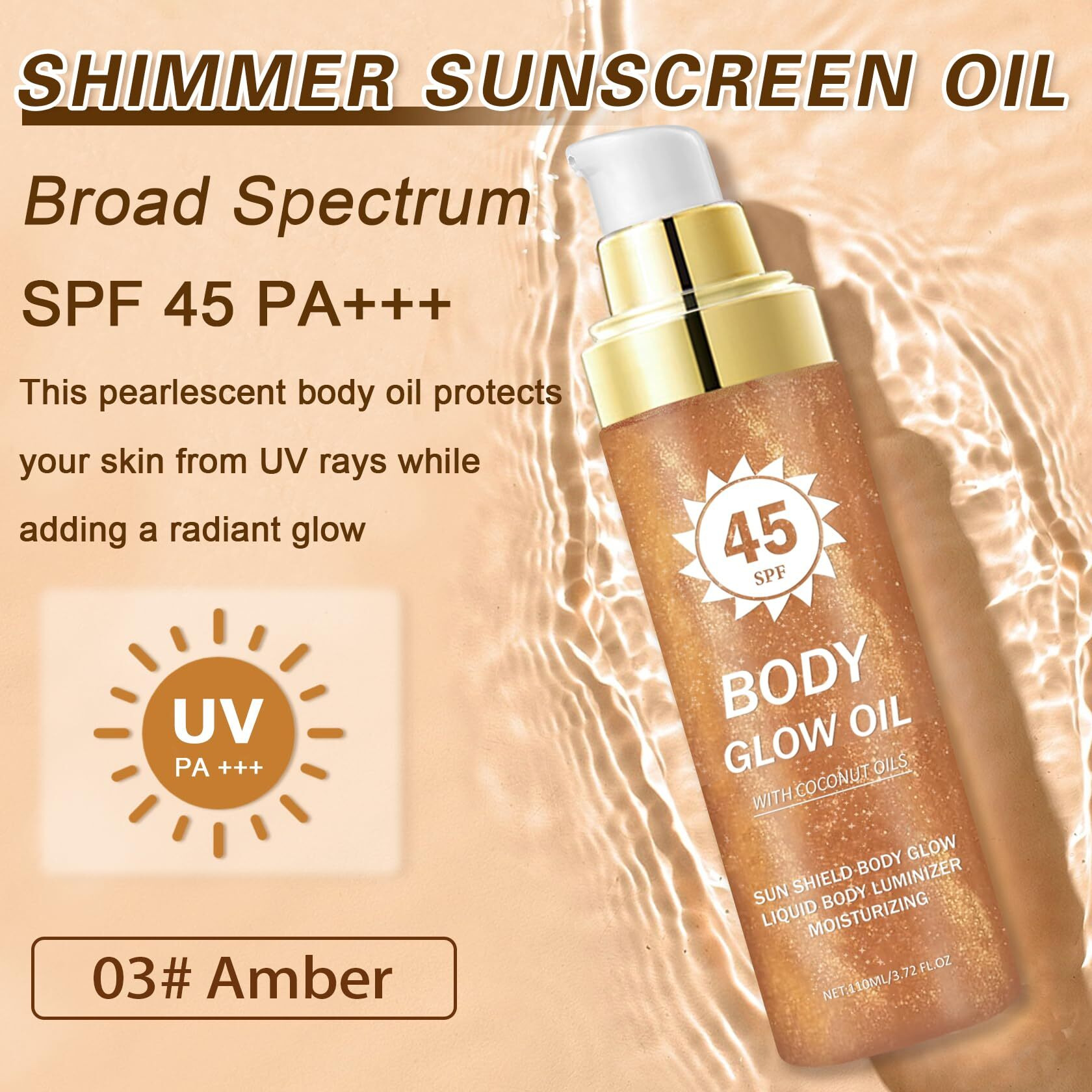 Lzxlukgir Shimmer Sunscreen,Spf 45 Broad Spectrum,Body Shimmer Oil With Gold Mica,Moisturizing Coconut,Water Resistant Body Glow Oil,Glowing Results,3.72 Fl Oz,Amber