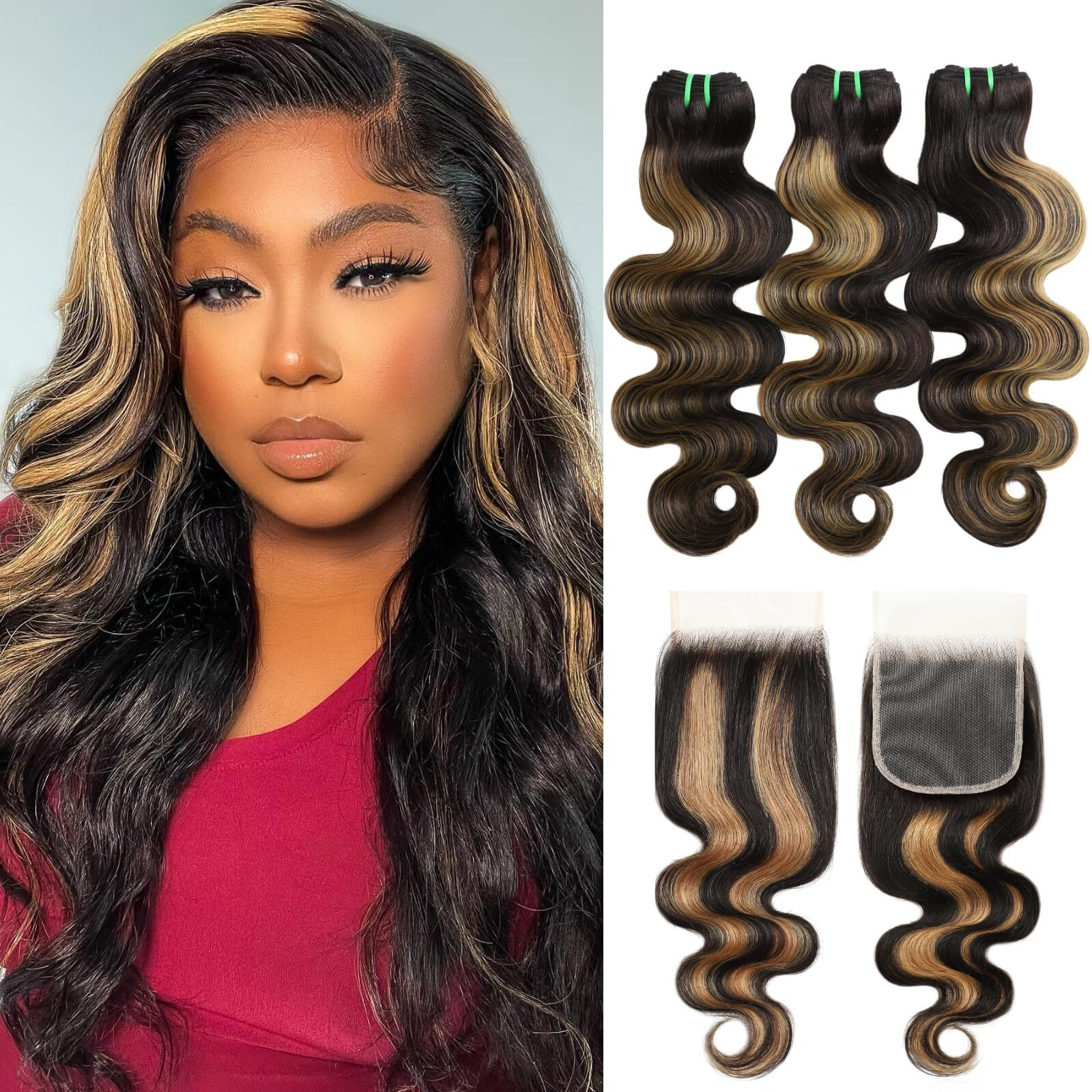 Hermous 13A Double Drawn 3 Bundles With Closure Human Hair Body Wave, Ultra Thick Highlight F1B/27 Honey Blonde Ombre 3 Bundles With 5X5 Hd Lace Closure Free Part Wavy100% Virgin Hair 12 14 16+12 In