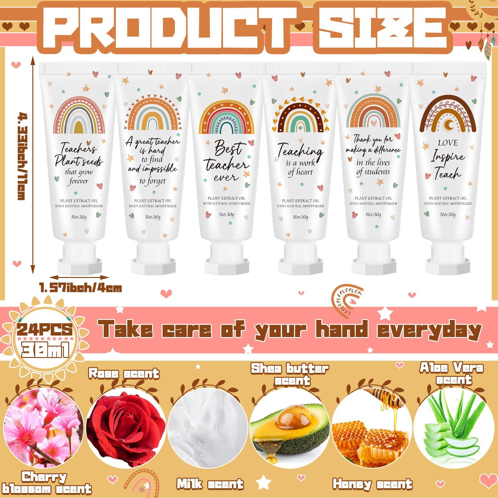 Dansib 24 Pcs Teacher Appreciation Hand Cream Gifts Boho Rainbow 2025 Back To School Thank You Teacher Gifts For Women Travel Size Hand Lotion Cream Christmas Moisturizing