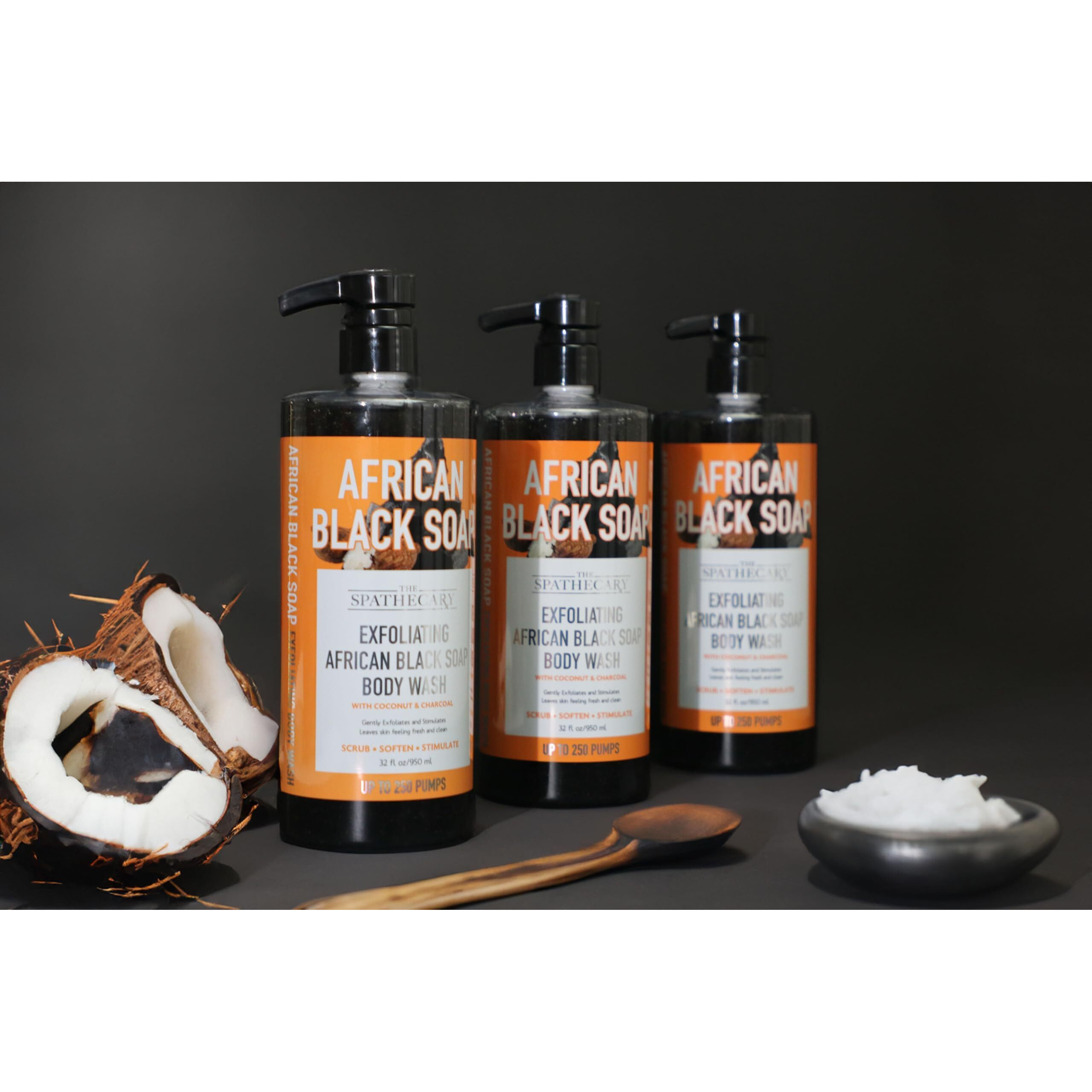 The Spathecary African Black Soap Exfoliating Body Wash With Coconut And Charcoal, Scrub, Soften, Stimulate, 32 Oz