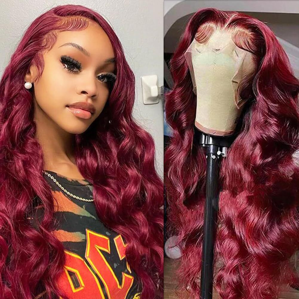 A Future Tongmei 99J Burgundy Body Wave Lace Front Wigs Human Hair Pre Plucked 13X4 Transparent Hd Lace Frontal Wigs With Baby Hair Colored Wine Red Lace Front Wigs For Women 180% Density 22 Inch