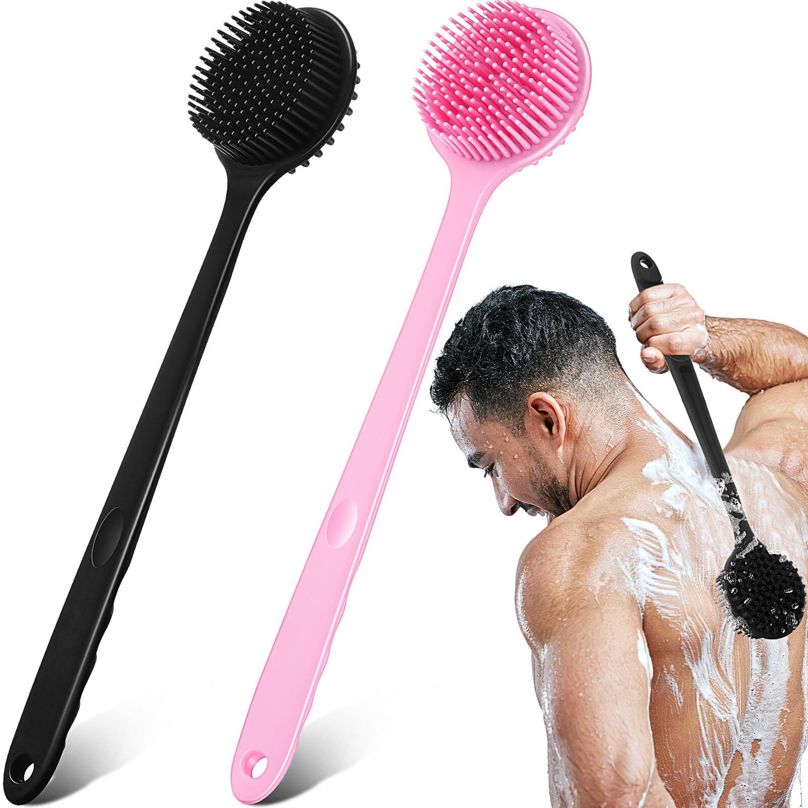 Sunnyray 2 Pack 15 Inch Soft Silicone Back Scrubber With Long Handle, Scrubber Anti Slip For Shower, Bath Body Brush, Improved Skin Health Can Produce Foam For Men And Women(Pink,Black)