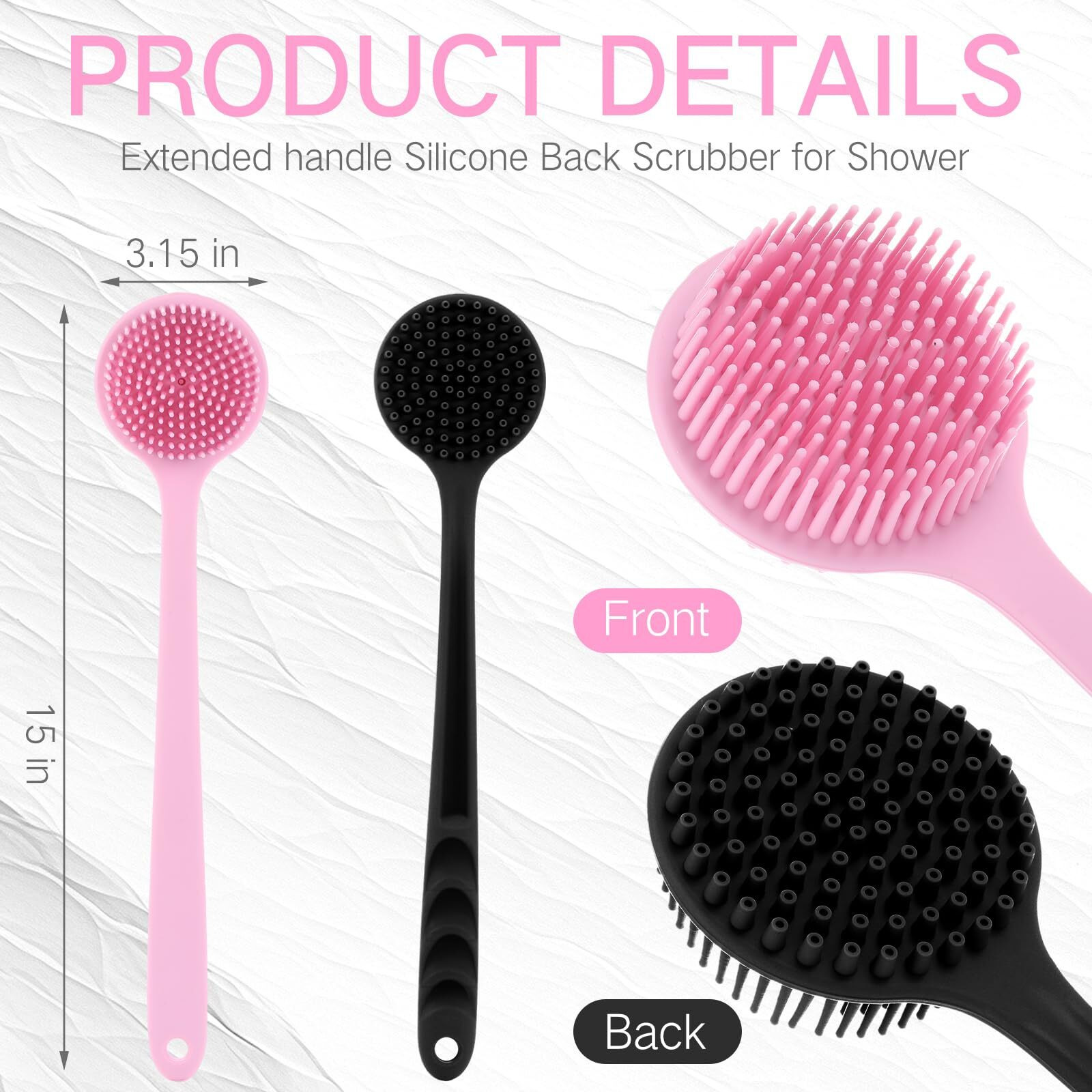 Sunnyray 2 Pack 15 Inch Soft Silicone Back Scrubber With Long Handle, Scrubber Anti Slip For Shower, Bath Body Brush, Improved Skin Health Can Produce Foam For Men And Women(Pink,Black)