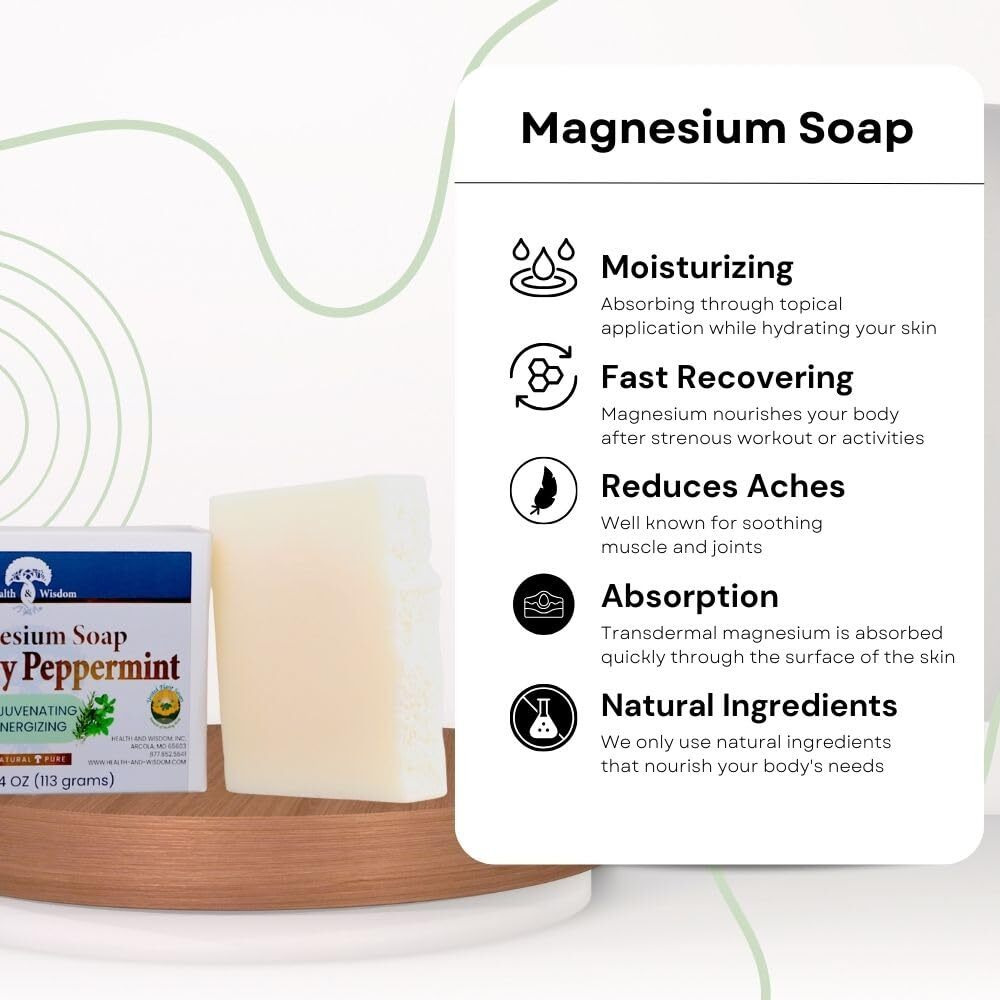 Health And Wisdom Magnesium Soap Bar - Bar Soap, Magnesium Body Wash, All Natural Soap Bar, Magnesium Bar, Magnesium Shower, Magnesium Oil, Bath Soap Bars - Rosemary Peppermint, 4 Oz (Pack Of 2)