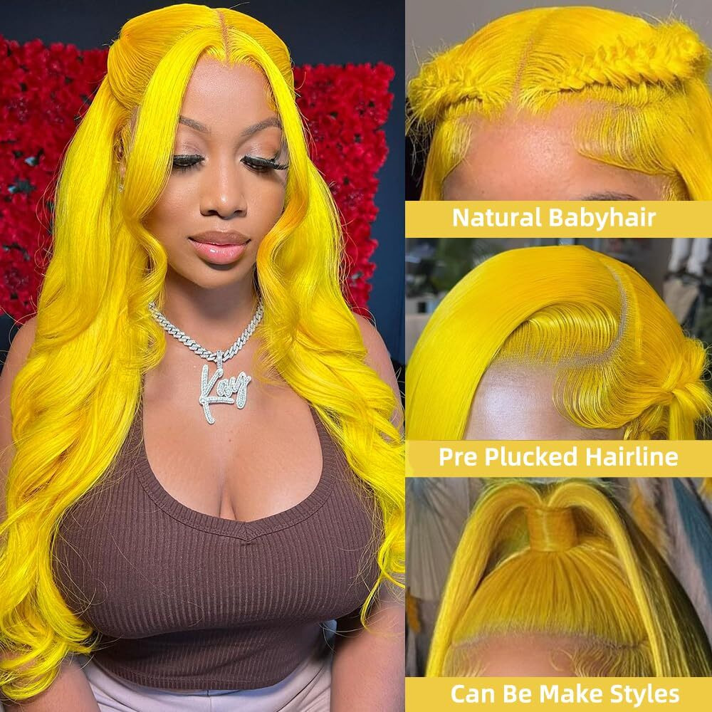 Avolo Yellow Wig Human Hair 13X4 Yellow Lace Front Wig Human Hair Pre Plcucked Yellow Human Hair Wig Body Wave Lace Front Wigs Human Hair Hd Lace Frontal Wig Yellow Colored Wigs Human Hair 32 Inch