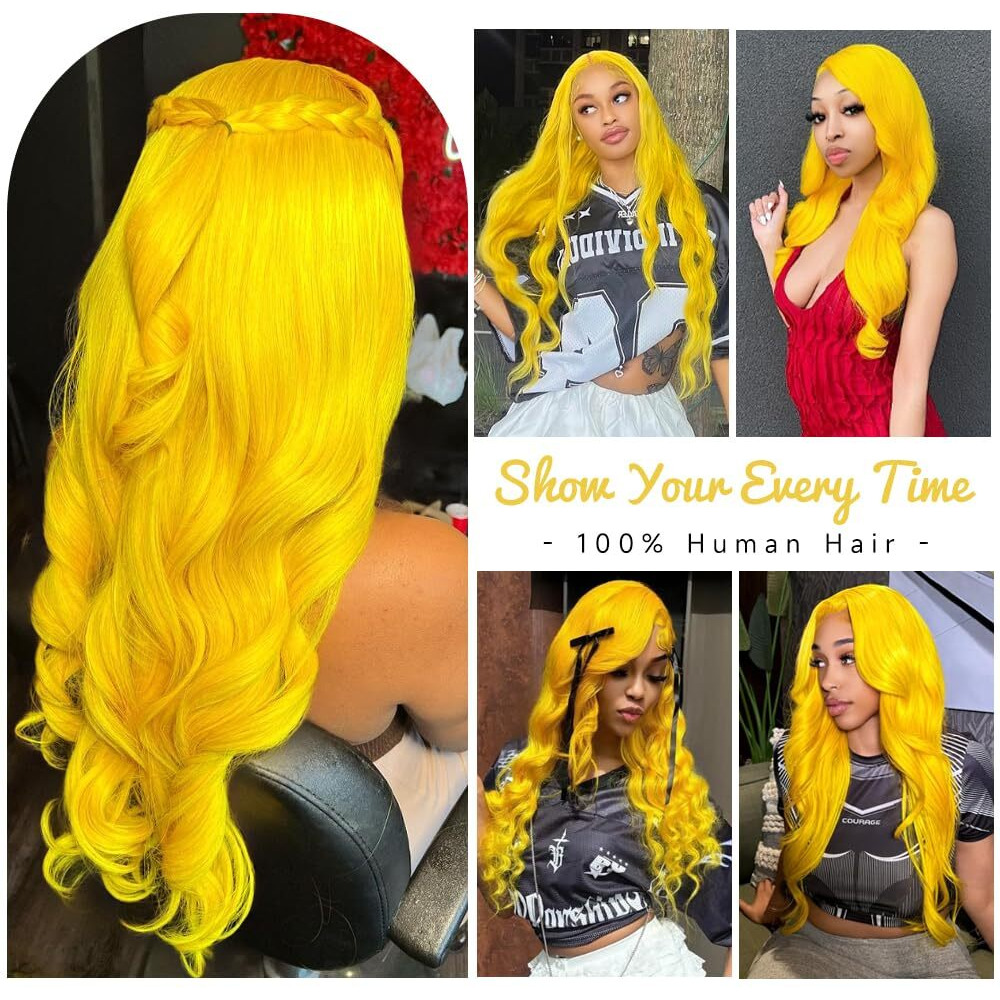 Avolo Yellow Wig Human Hair 13X4 Yellow Lace Front Wig Human Hair Pre Plcucked Yellow Human Hair Wig Body Wave Lace Front Wigs Human Hair Hd Lace Frontal Wig Yellow Colored Wigs Human Hair 32 Inch