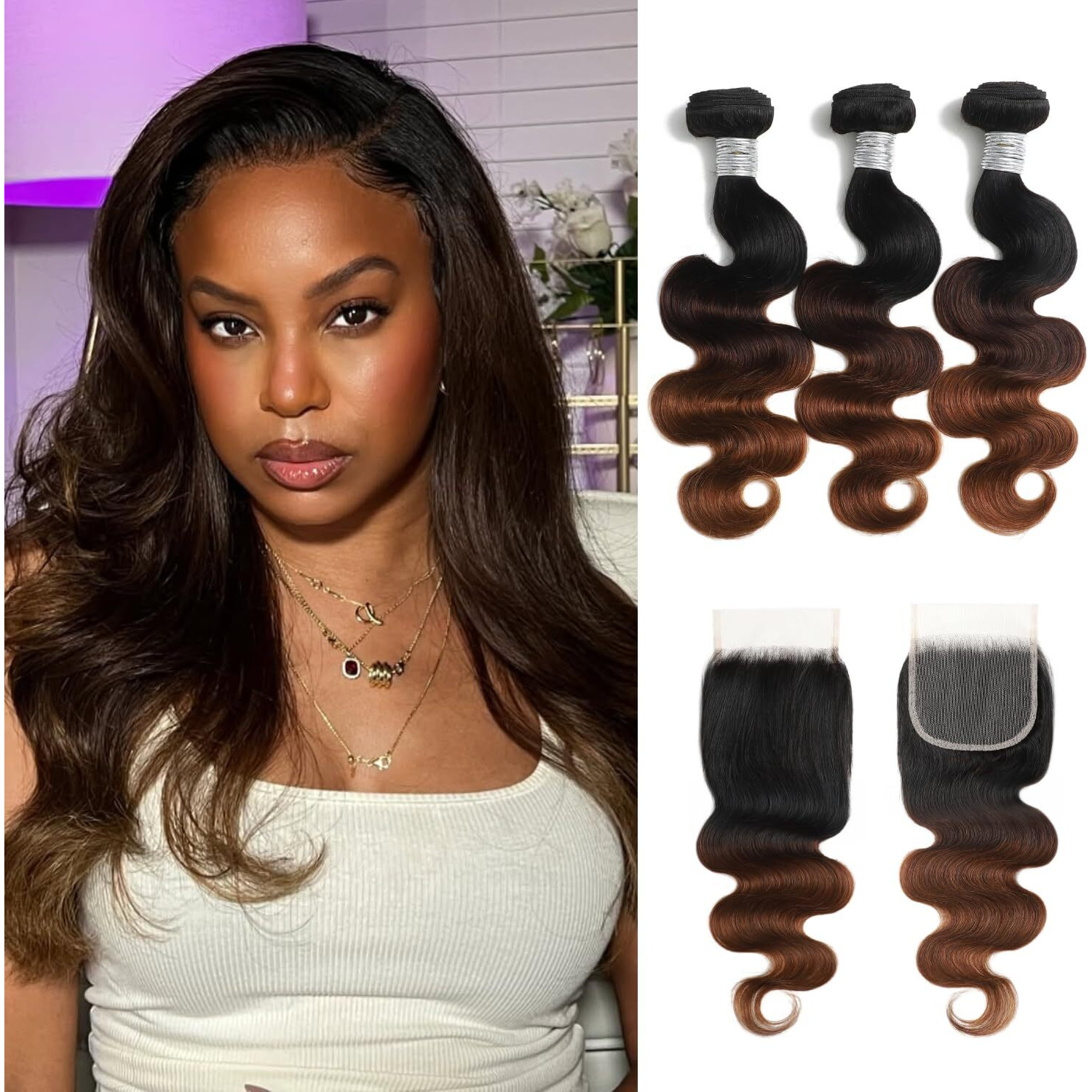 Auroo Chestnut Brown Ombre Bundles With Closure Human Hair Body Wave, 12A T1B/2/30 Medium Brown 3 Tone Colored Human Hair 3 Bundles With 4X4 Hd Lace Closure Free Part Brazilian Virgin Remy 10 12 14+10