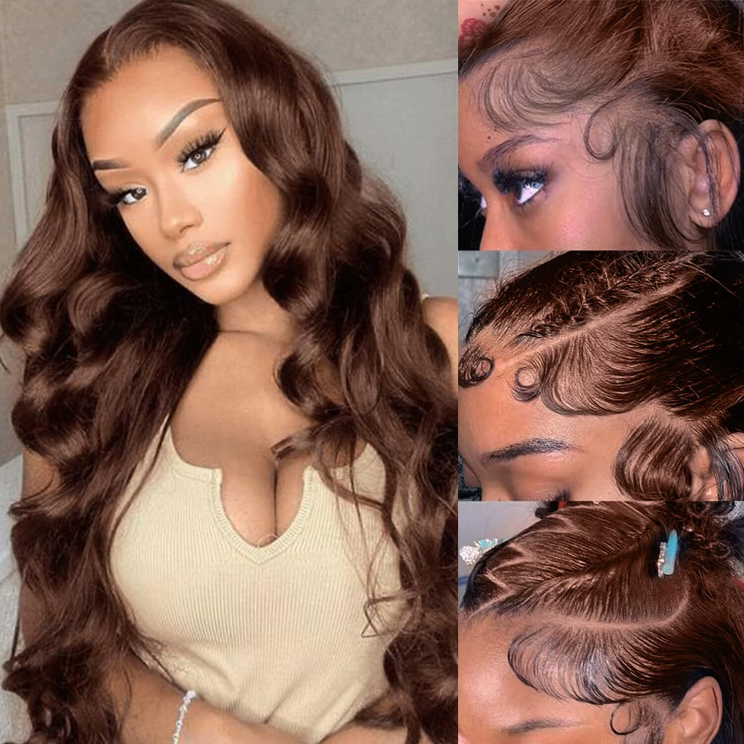 Chocolate Brown Lace Front Wig Human Hair With Drawstring 250 Density 9X6 Glueless Wig Pre Plucked Pre Cut Brazilian Body Wave Hair,Like Skin Lace Natural Hairline & Baby Hair Beginner-Friendly-30Inch