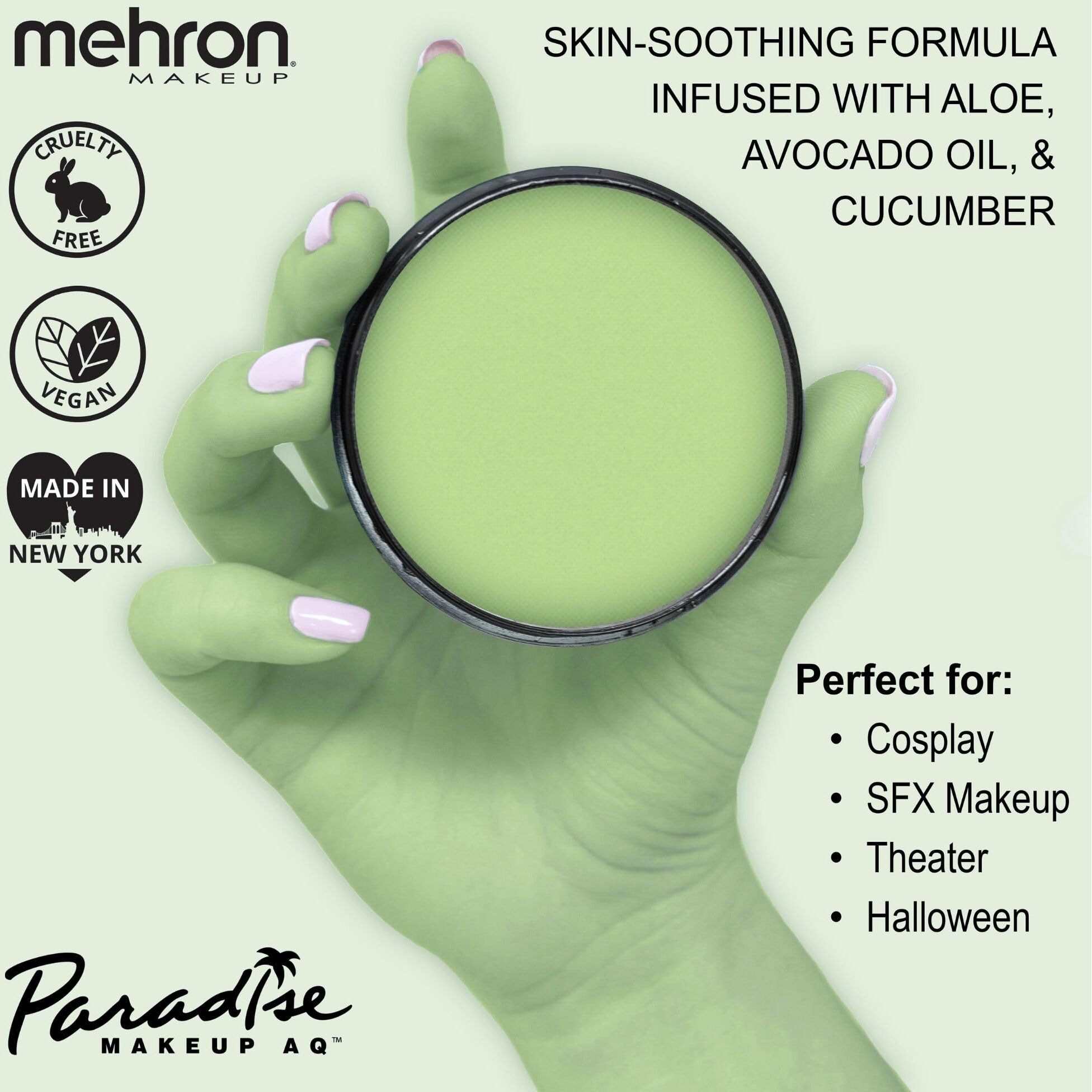 Mehron Makeup Paradise Makeup Aq Pro Size | Stage & Screen Performance, Face & Body Painting, Beauty, Cosplay, And Halloween | Water Activated Face Paint, Body Paint 1.4 Oz (40 G) - Pastel Green