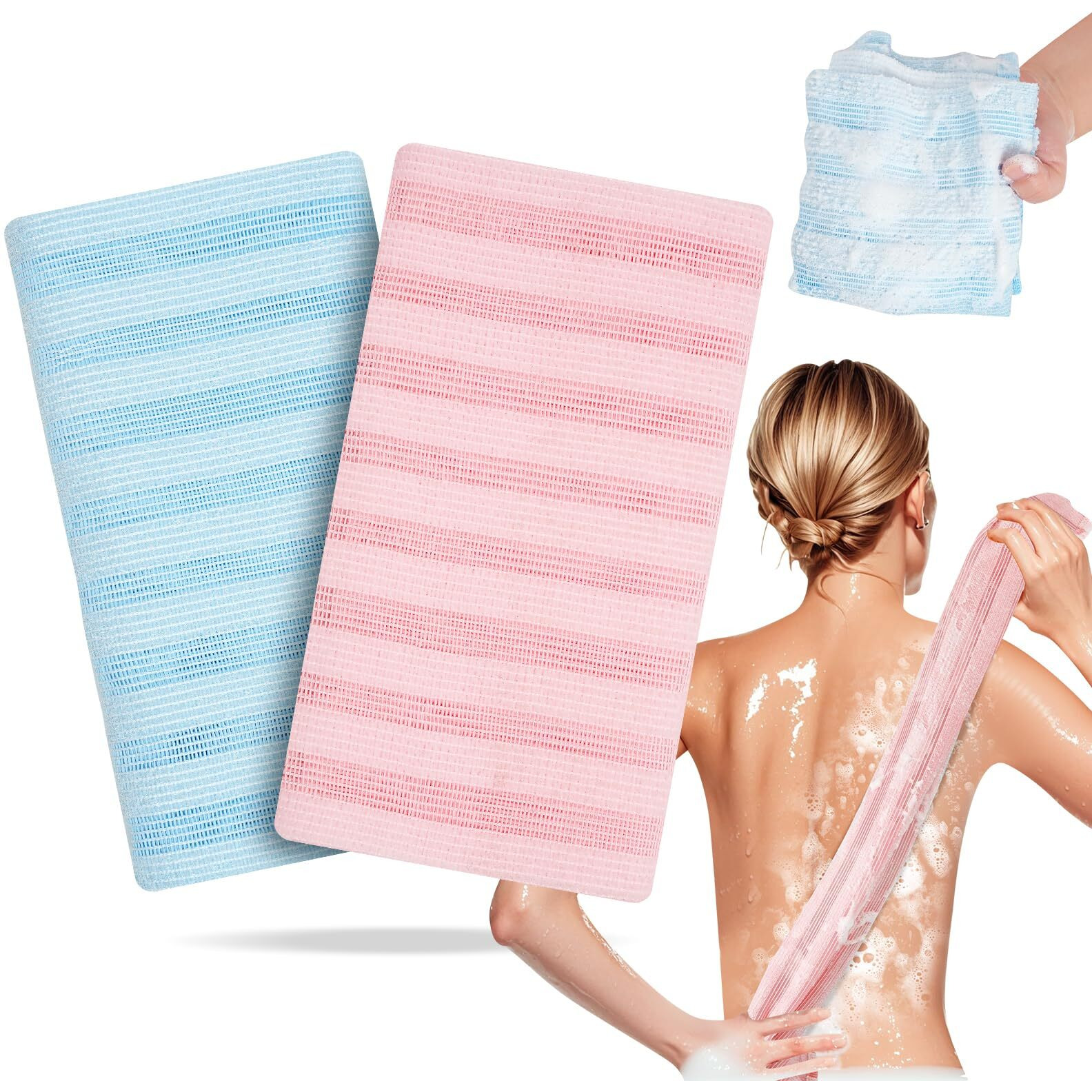 Coxotom Exfoliating Washcloth Shower Towel - 2 Pack Back And Body Scrubbers For Smooth Skin | Quick-Drying, Durable, And Gentle For Sensitive Skin (Pink+Blue)