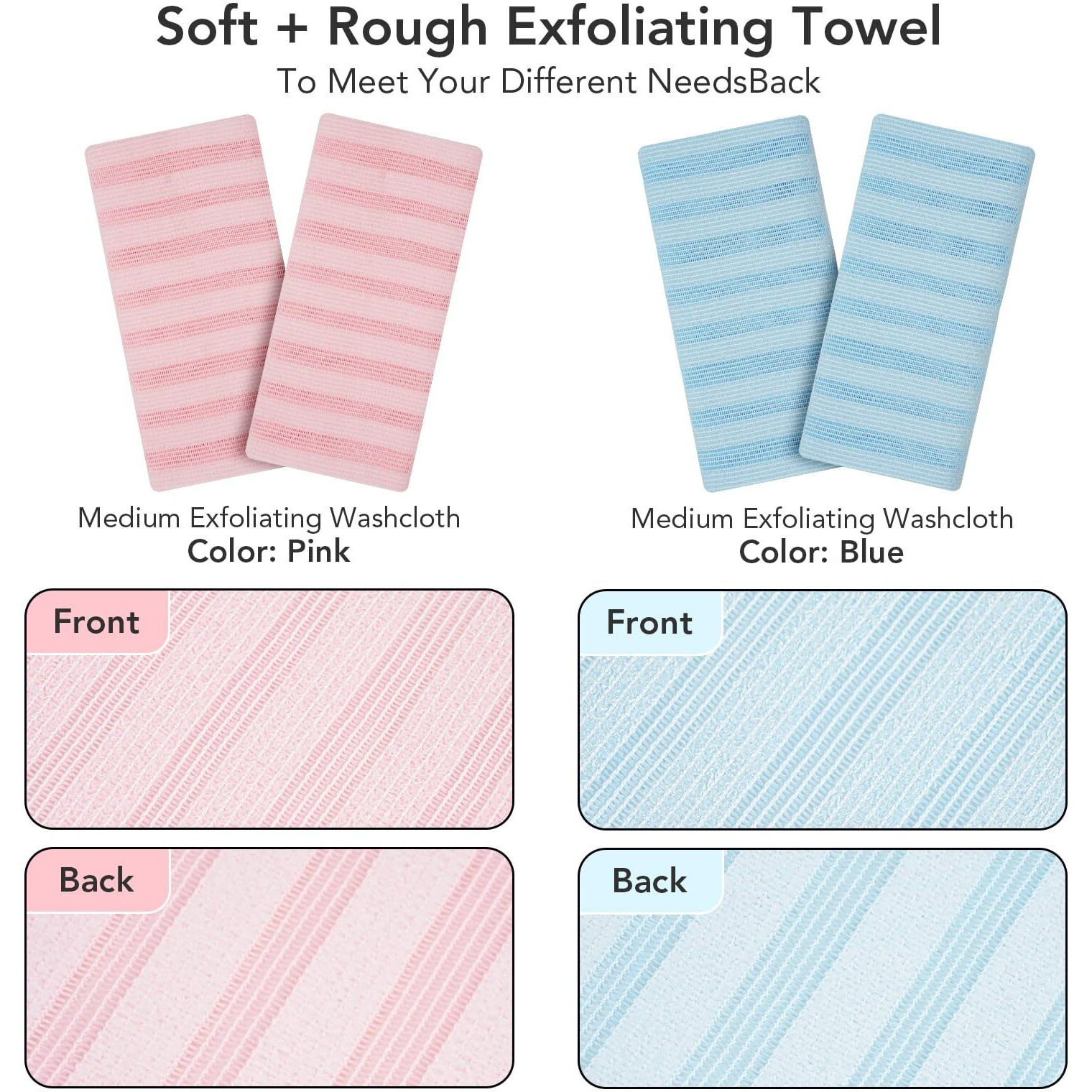 Coxotom Exfoliating Washcloth Shower Towel - 2 Pack Back And Body Scrubbers For Smooth Skin | Quick-Drying, Durable, And Gentle For Sensitive Skin (Pink+Blue)