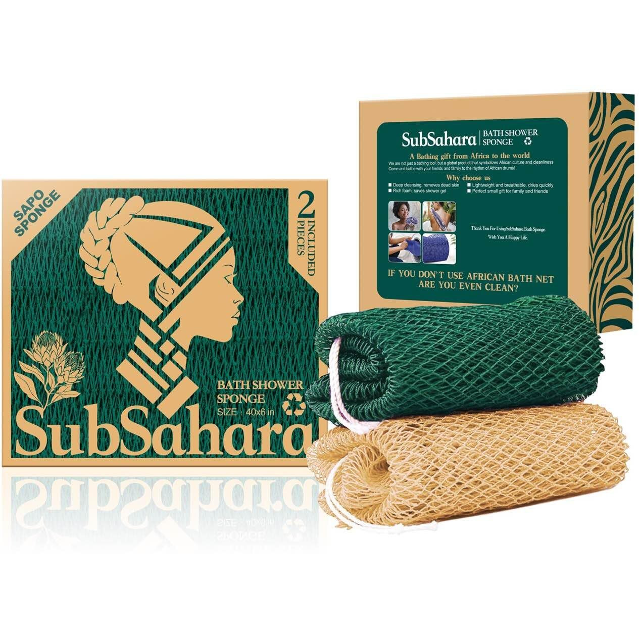 Subsahara Authentic African Net Sponge - 2 Pieces Exfoliating Scrubber For All Skin Types, Bath Sponge For Face & Body, Travel Portable, Durable, Gentle Exfoliation (Golden & Forest Green)