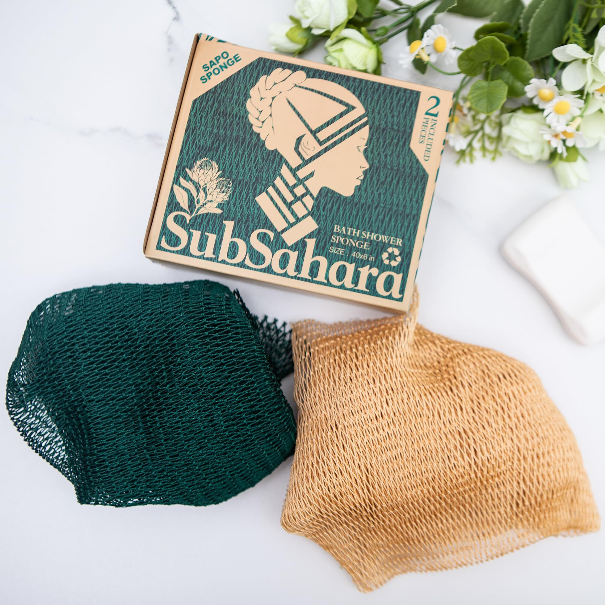 Subsahara Authentic African Net Sponge - 2 Pieces Exfoliating Scrubber For All Skin Types, Bath Sponge For Face & Body, Travel Portable, Durable, Gentle Exfoliation (Golden & Forest Green)