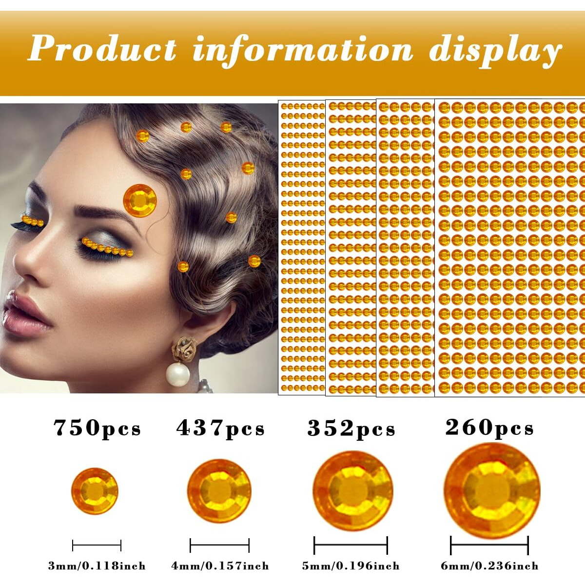 Rhinestone Gems Stickers - Self Adhesive Bling Rhinestones For Hair, Face, Body - Temporary Tattoo 3/4/5/6Mm (Golden Yellow)