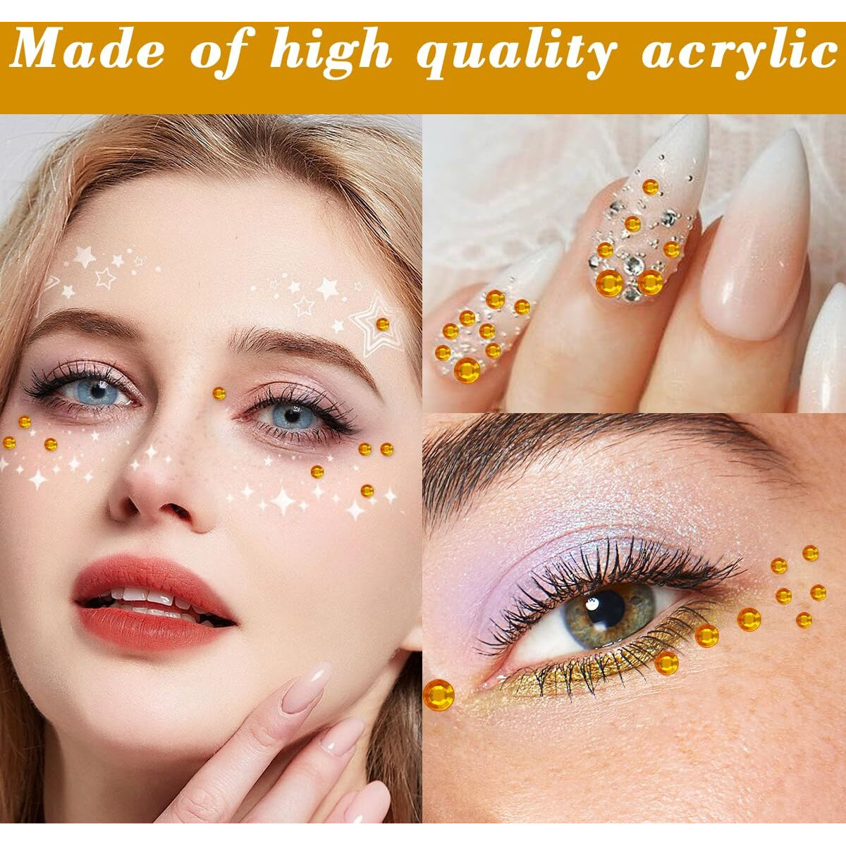 Rhinestone Gems Stickers - Self Adhesive Bling Rhinestones For Hair, Face, Body - Temporary Tattoo 3/4/5/6Mm (Golden Yellow)