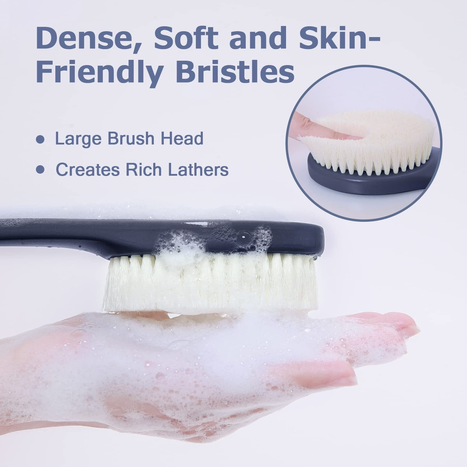 Body Back Scrubber - 17'' Long Handle Shower Brush, Durable Exfoliator For Dry & Wet Use, Deep Cleansing & Gentle Exfoliation For Smooth Skin - For Men, Women & Elderly (Navy Blue)
