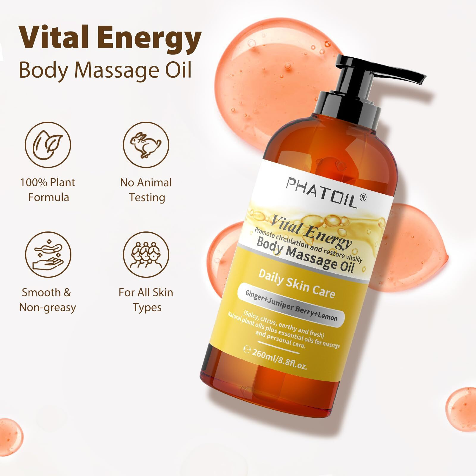 Phatoil Ginger Oil Ginger Body Massage Oil For Gua Sha, With Lemon,Juniper Berry, 260Ml Large Bottle Warming Body Oil For Spa, Lymphatic Drainage, Muscle(8.8Oz)