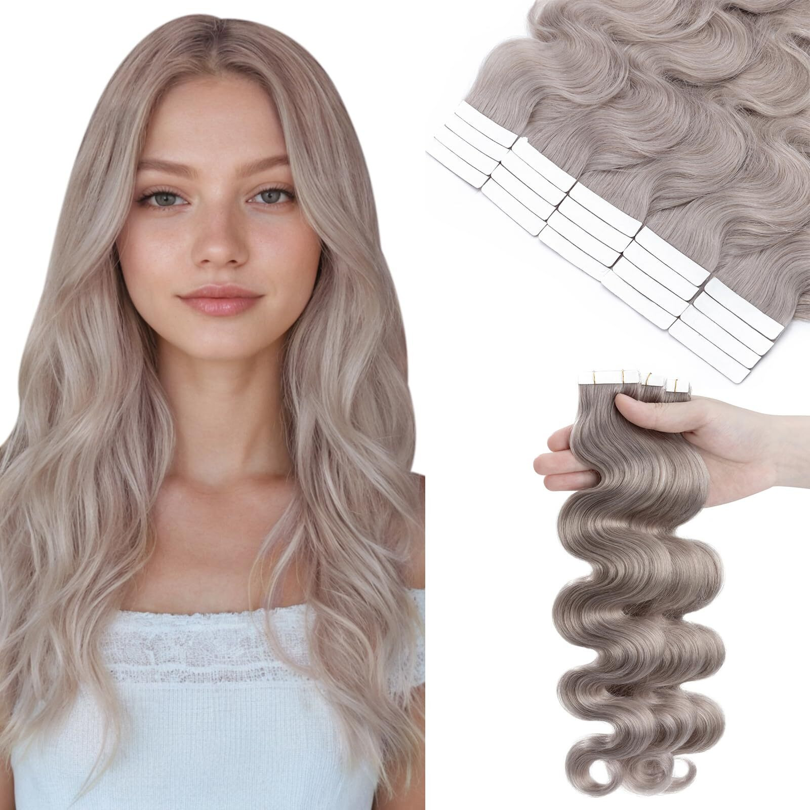 Segohair Wavy Tape In Hair Extensions Real Human Hair With Double-Sided Adhesive Professional Hair Extensions For Women 20Pcs Body Wave 22 Inches Grey