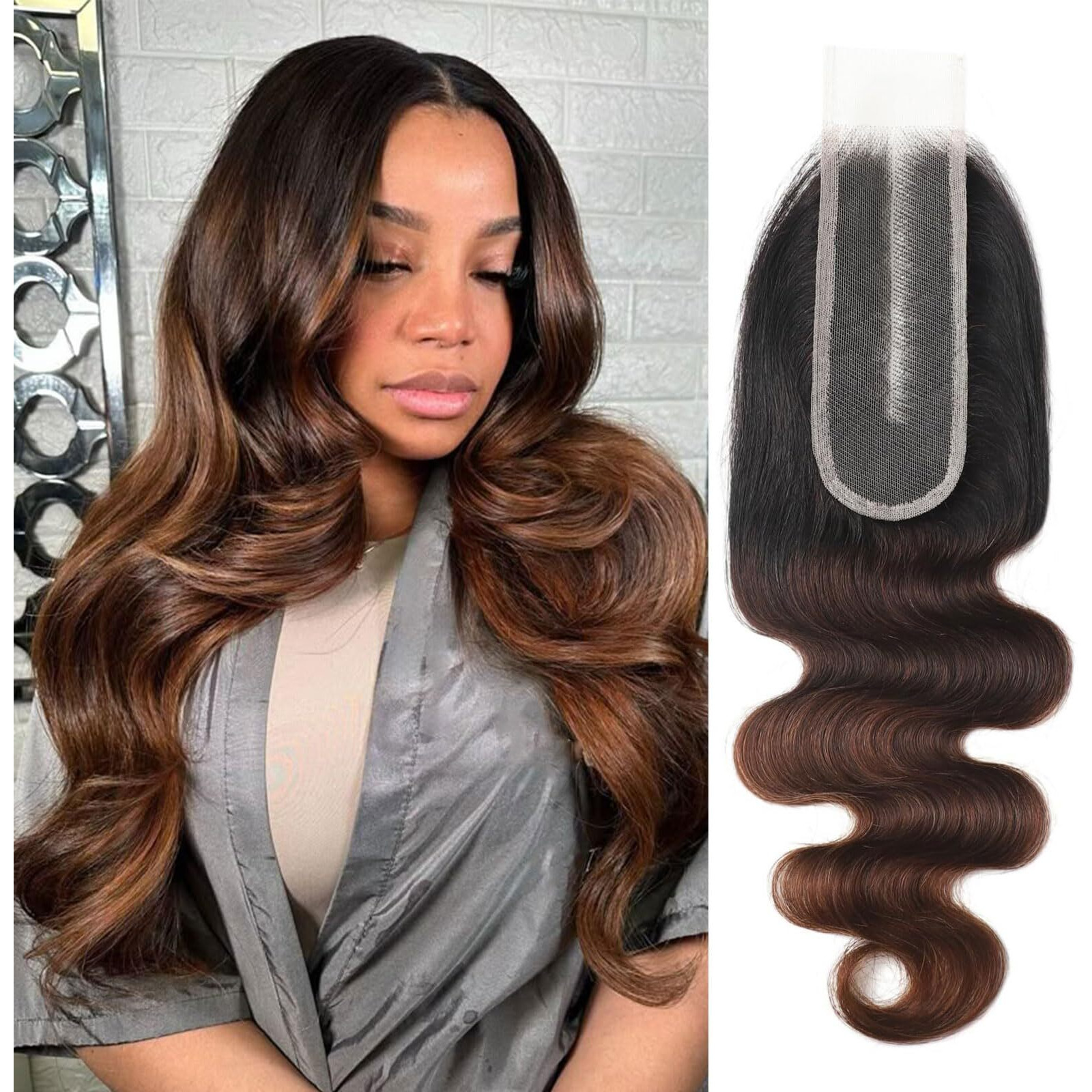 Dsekcain 2X6 Hd Lace Closure Body Wave Human Hair T1B/2/30 Chestnut Brown Ombre Transparent Lace Closure 2X6 Long Middle Part 100% Raw Virgin Human Hair 20 Inch 150% Density